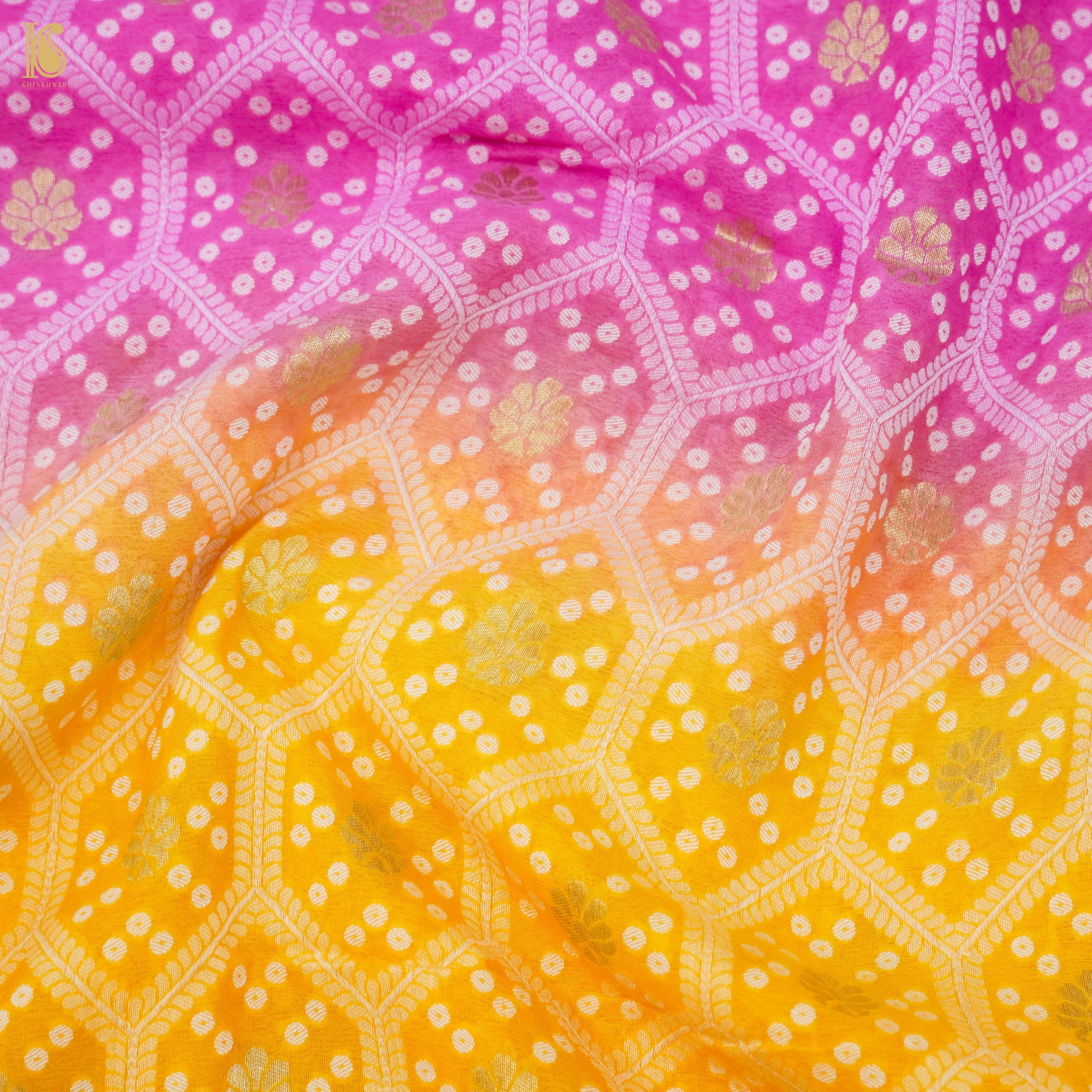 Pink & Yellow Pure Georgette Banarasi Honeycomb Saree - Khinkhwab
