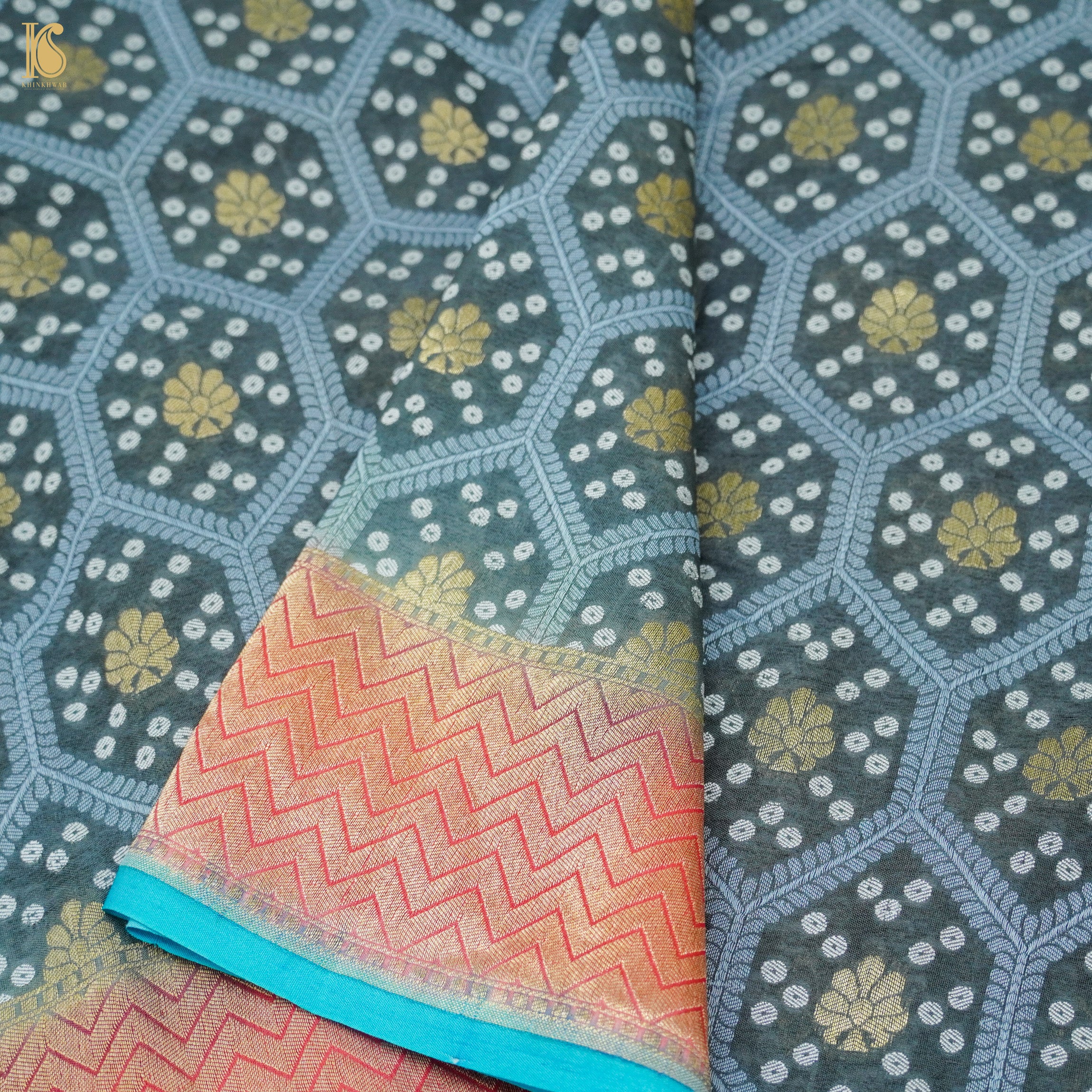 Casal Grey Pure Georgette Banarasi Honeycomb Saree - Khinkhwab
