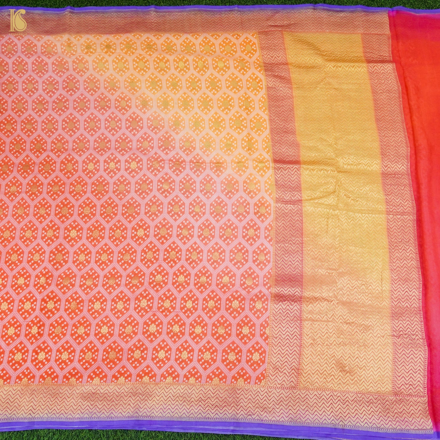 Shaded Orange Pure Georgette Banarasi Honeycomb Saree - Khinkhwab