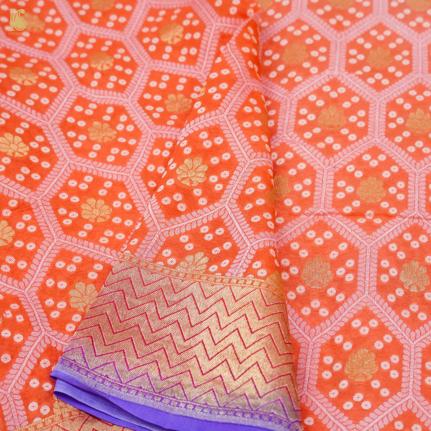 Shaded Orange Pure Georgette Banarasi Honeycomb Saree - Khinkhwab