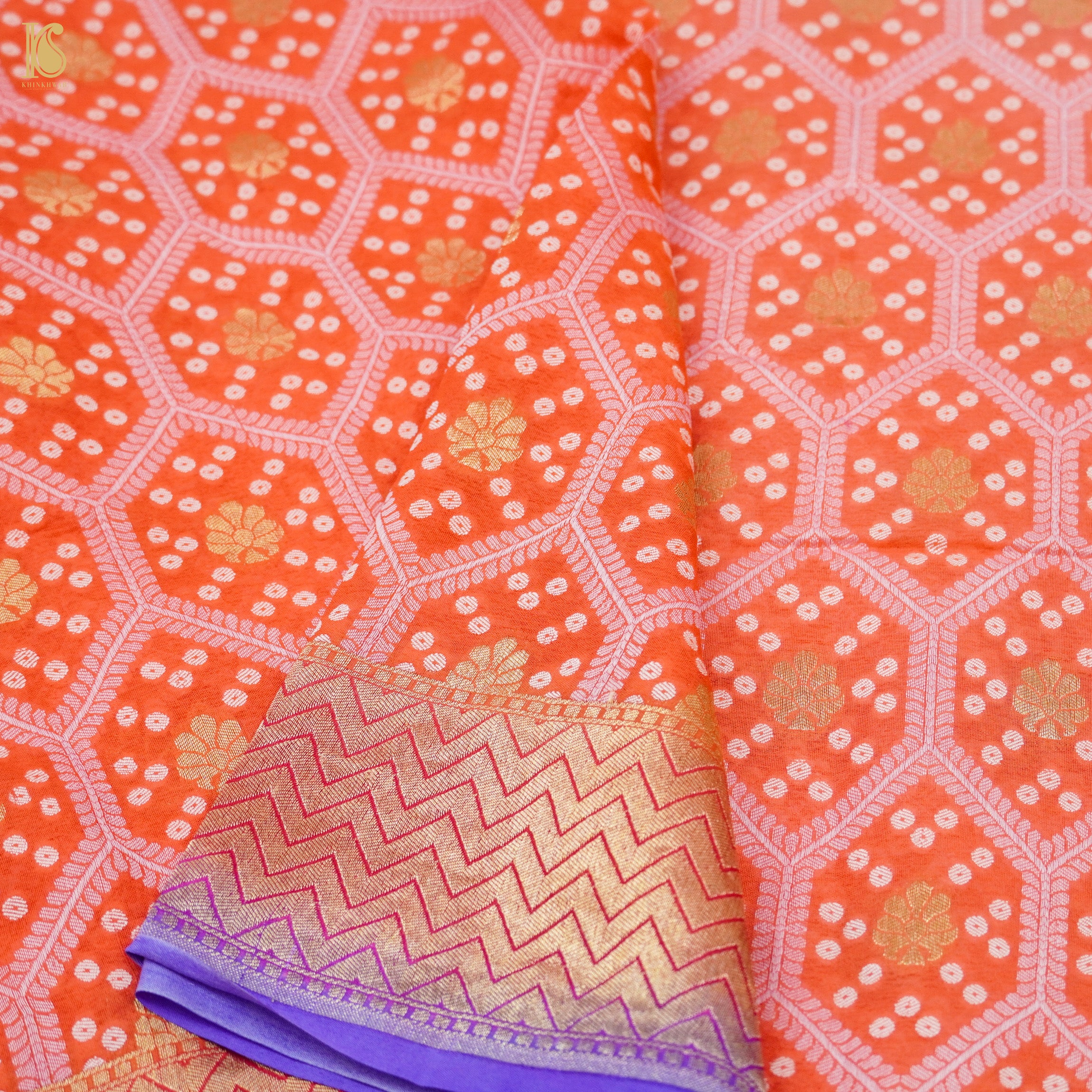 Shaded Orange Pure Georgette Banarasi Honeycomb Saree - Khinkhwab