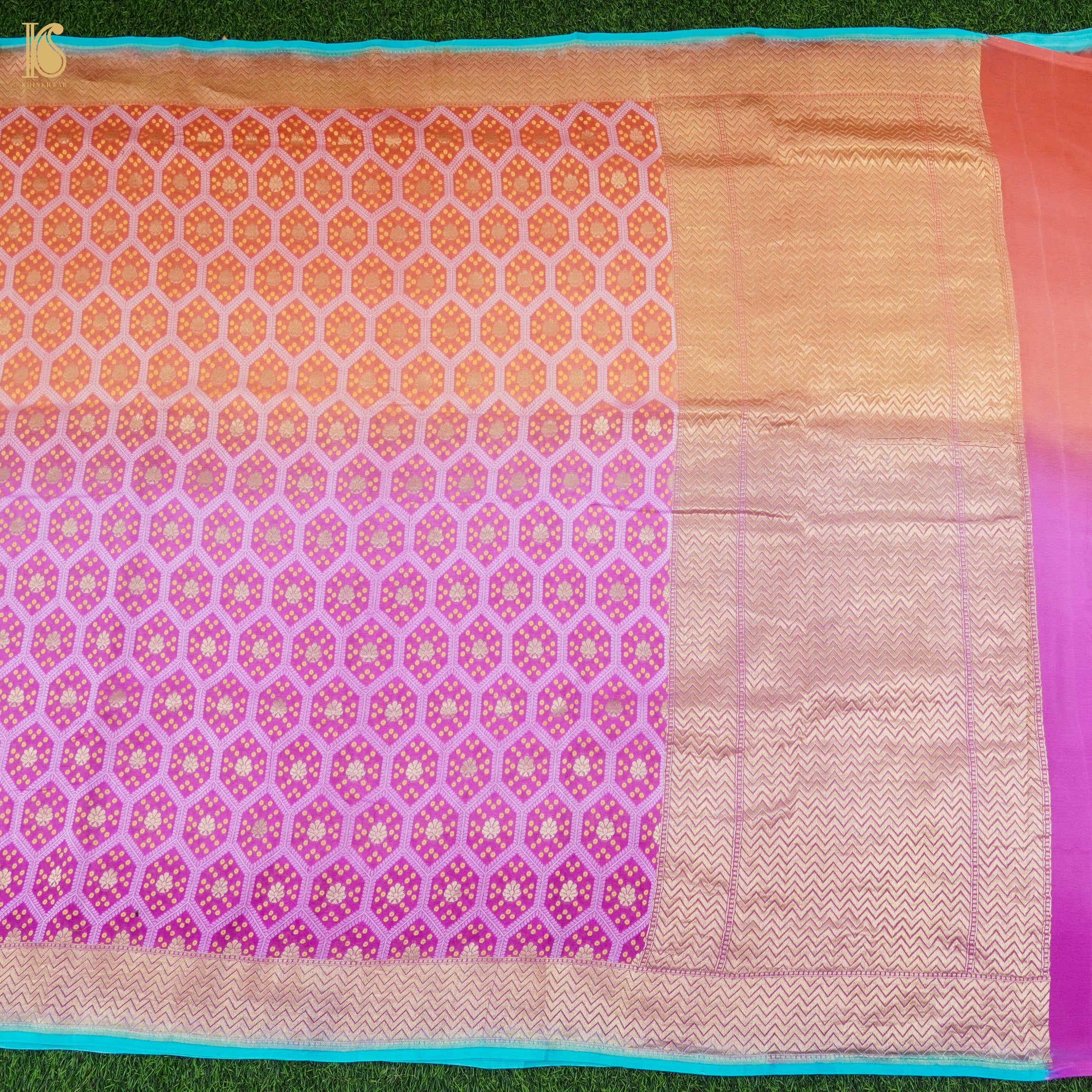 Persian Pink & Orange Pure Georgette Banarasi Honeycomb Saree - Khinkhwab