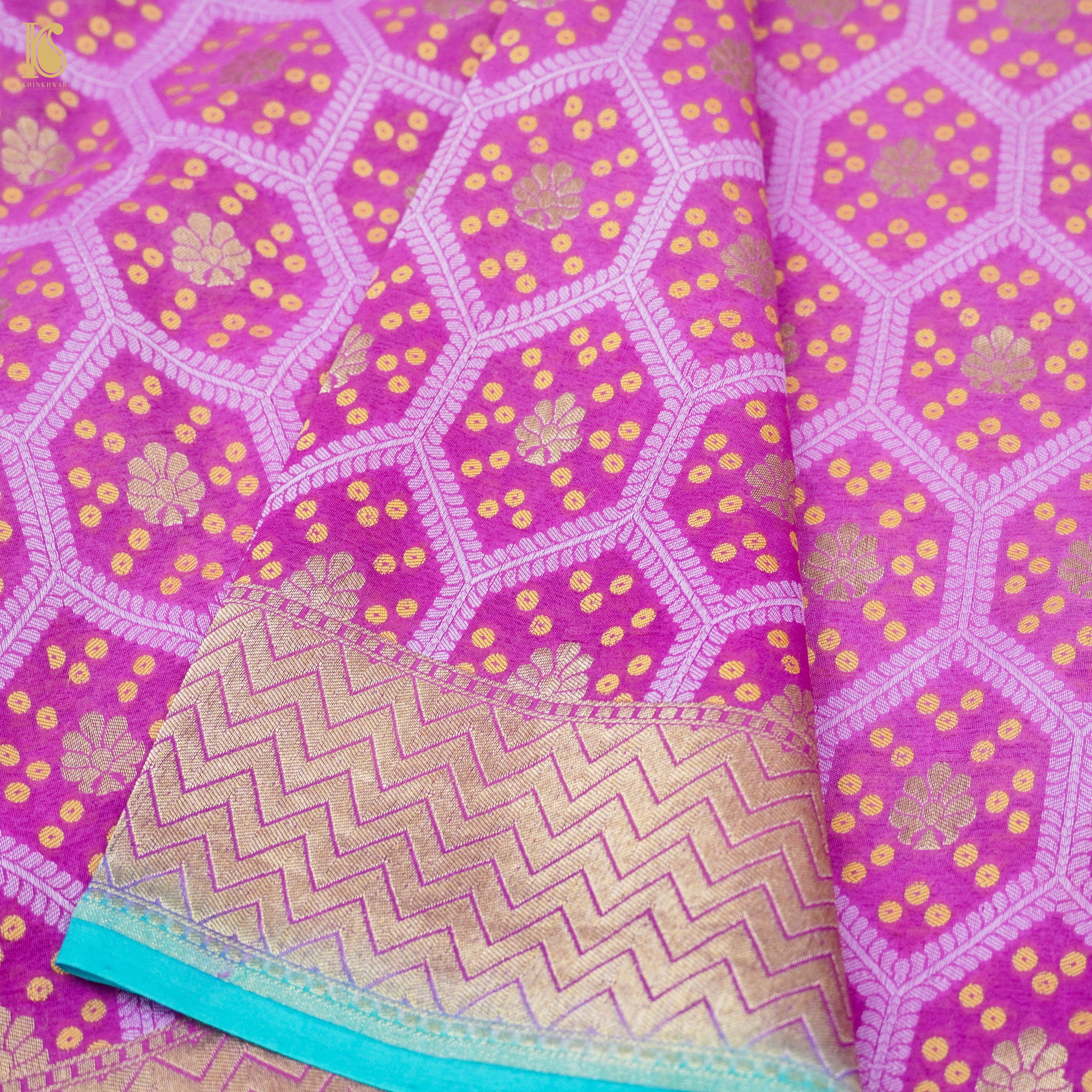 Persian Pink & Orange Pure Georgette Banarasi Honeycomb Saree - Khinkhwab