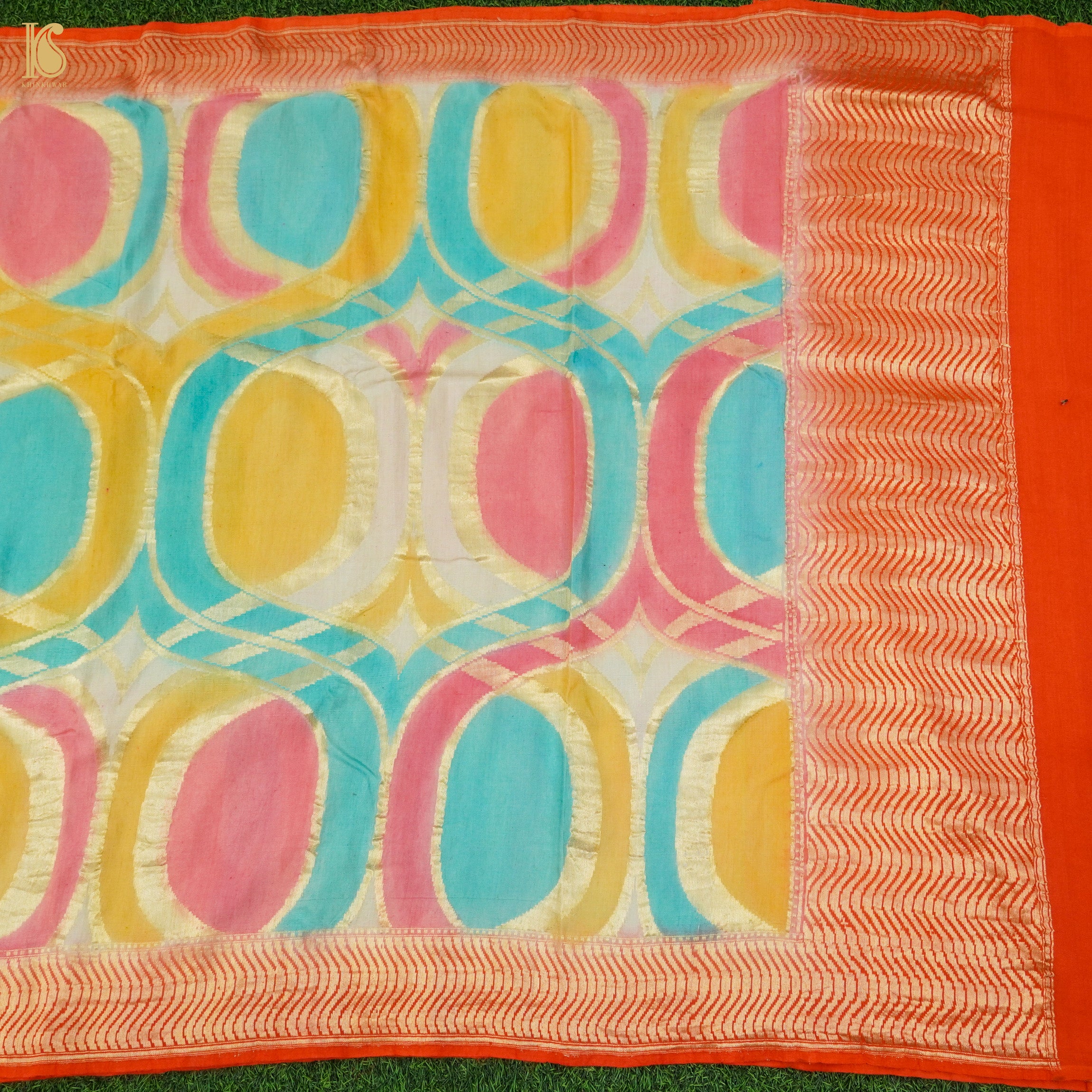 Multicolor Pure Moonga Silk Handloom Banarasi Gemoteric Saree - Khinkhwab