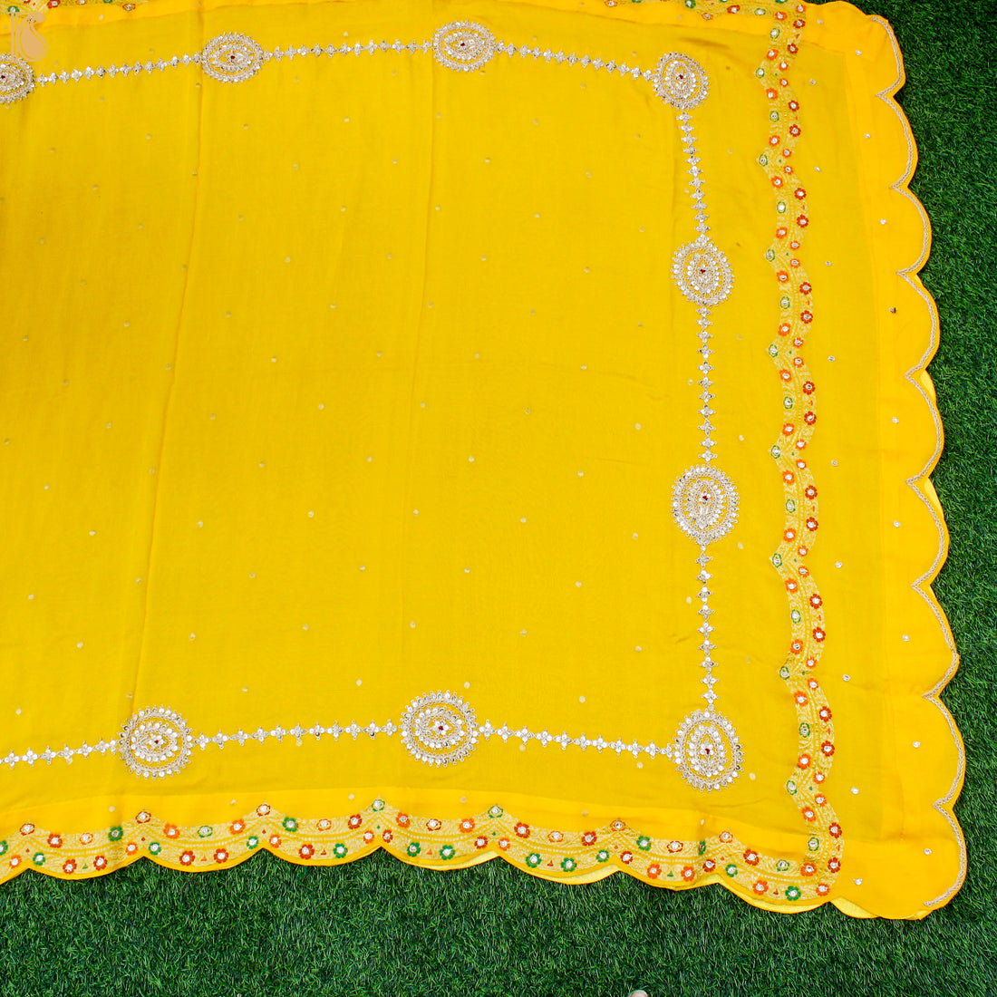 Gamboge Yellow Pure Georgette Banarasi Scalloped Dupatta with Embriodery - Khinkhwab