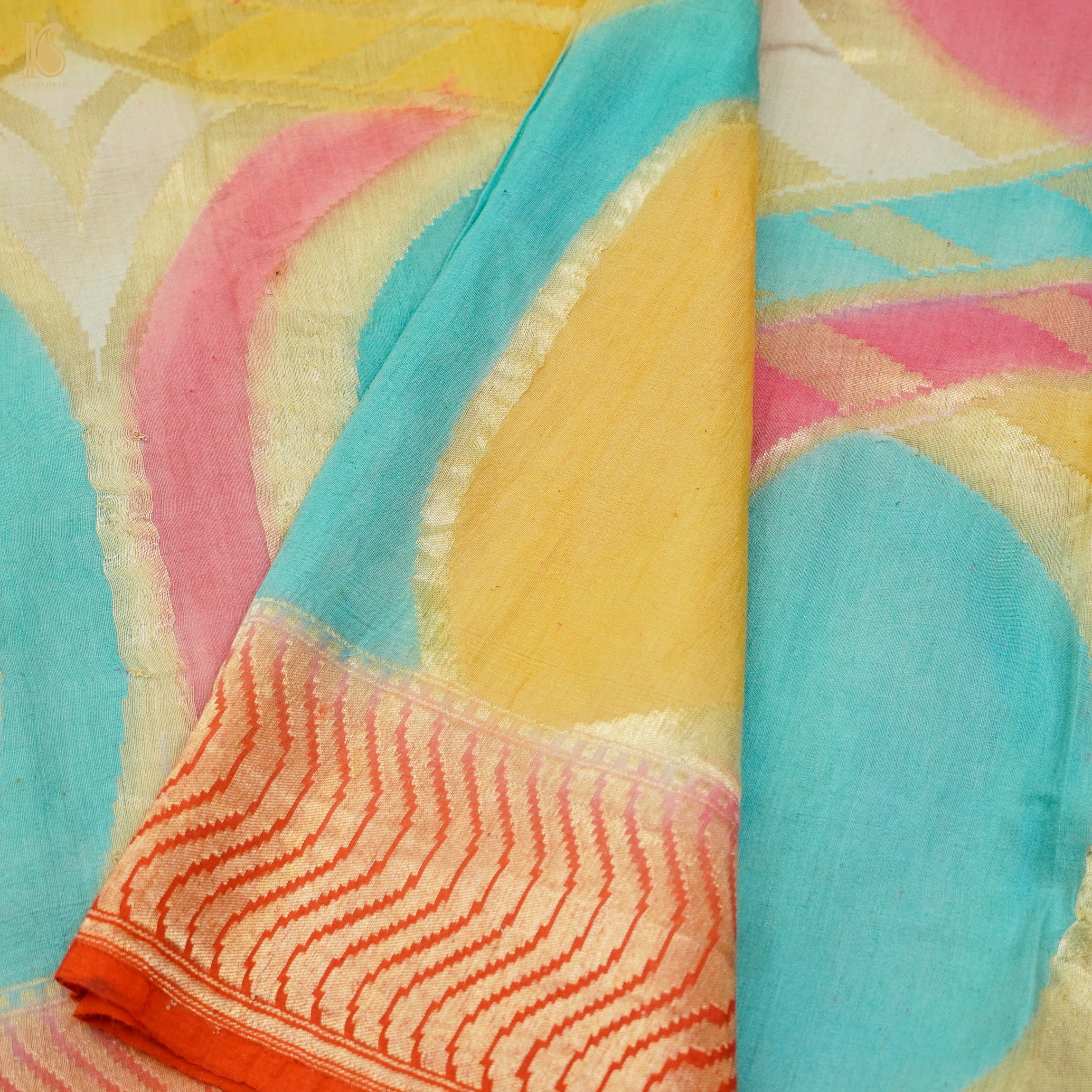 Multicolor Pure Moonga Silk Handloom Banarasi Gemoteric Saree - Khinkhwab