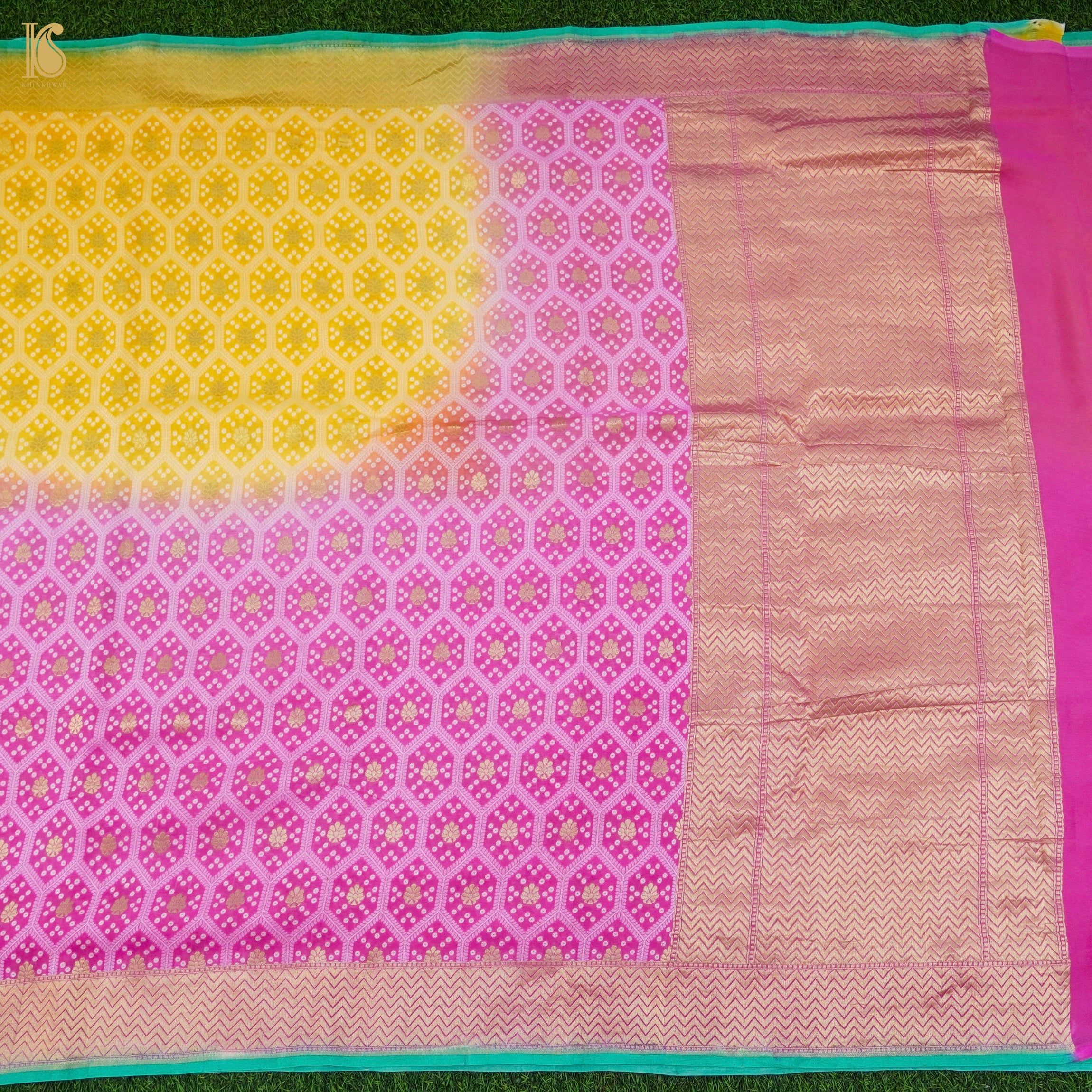 Tea Rose Pink & Yellow Pure Georgette Banarasi Honeycomb Saree - Khinkhwab
