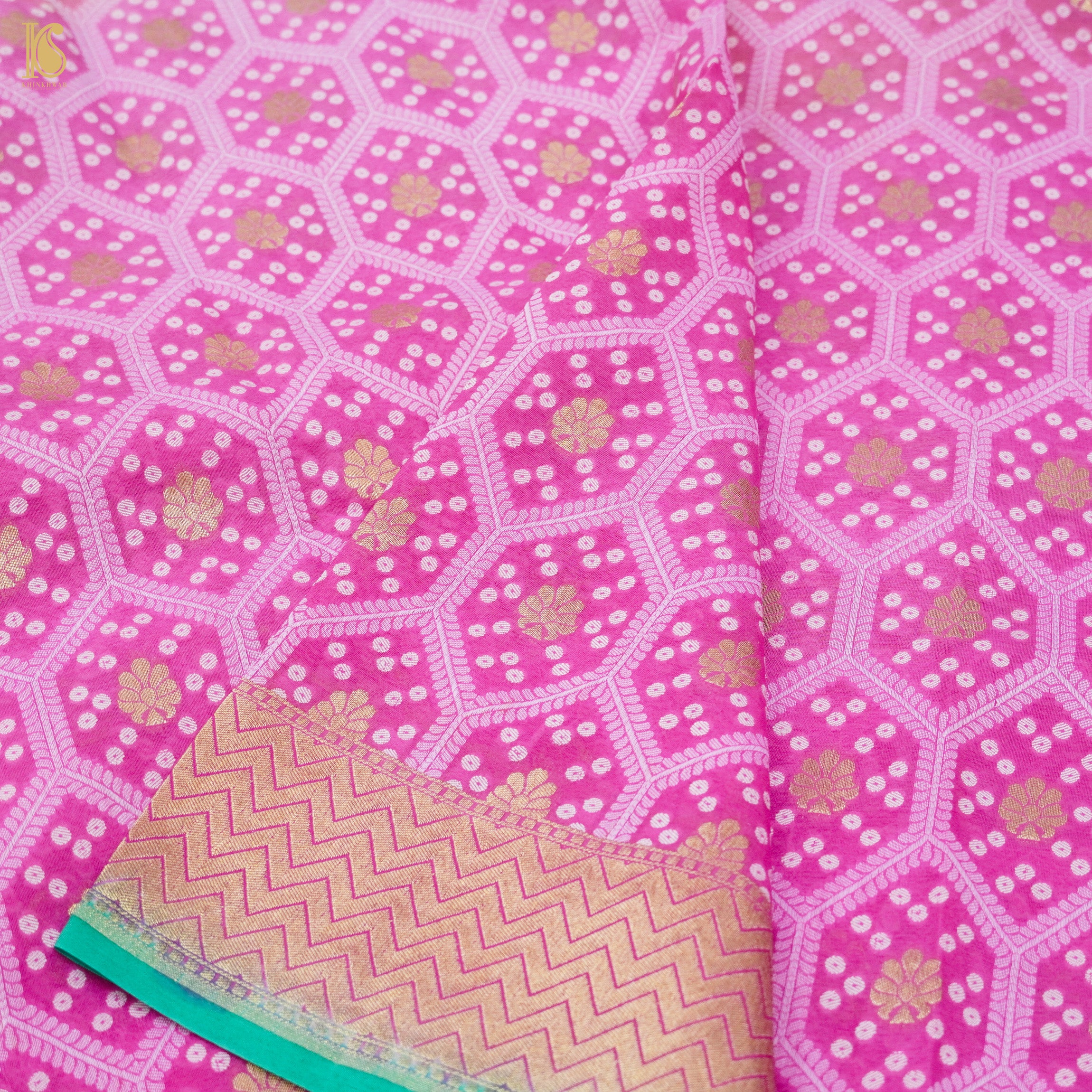Tea Rose Pink & Yellow Pure Georgette Banarasi Honeycomb Saree - Khinkhwab