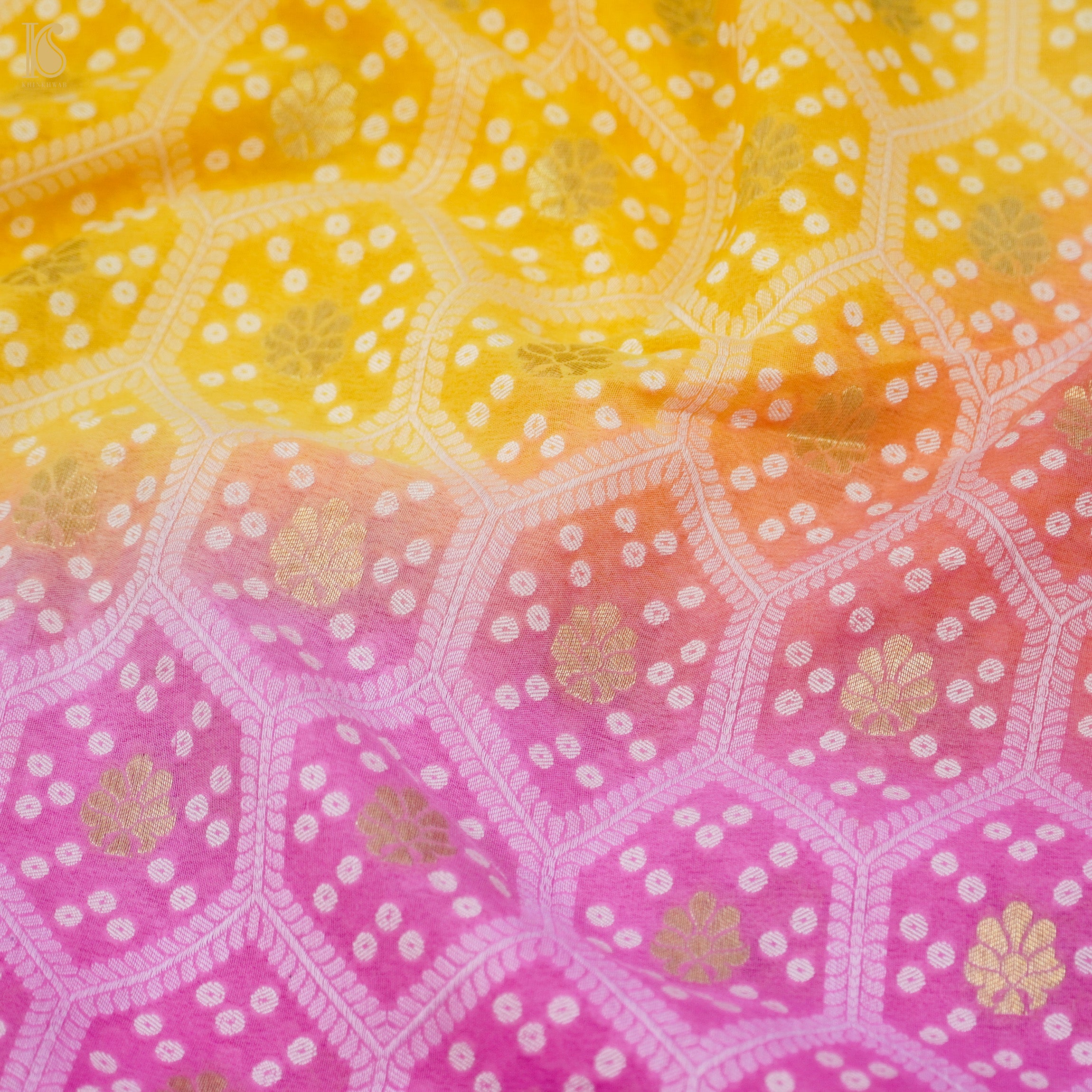 Tea Rose Pink & Yellow Pure Georgette Banarasi Honeycomb Saree - Khinkhwab