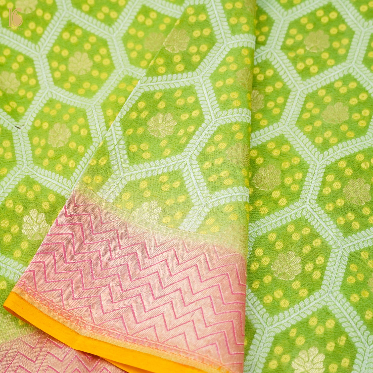 Lima Green Pure Georgette Banarasi Honeycomb Saree - Khinkhwab