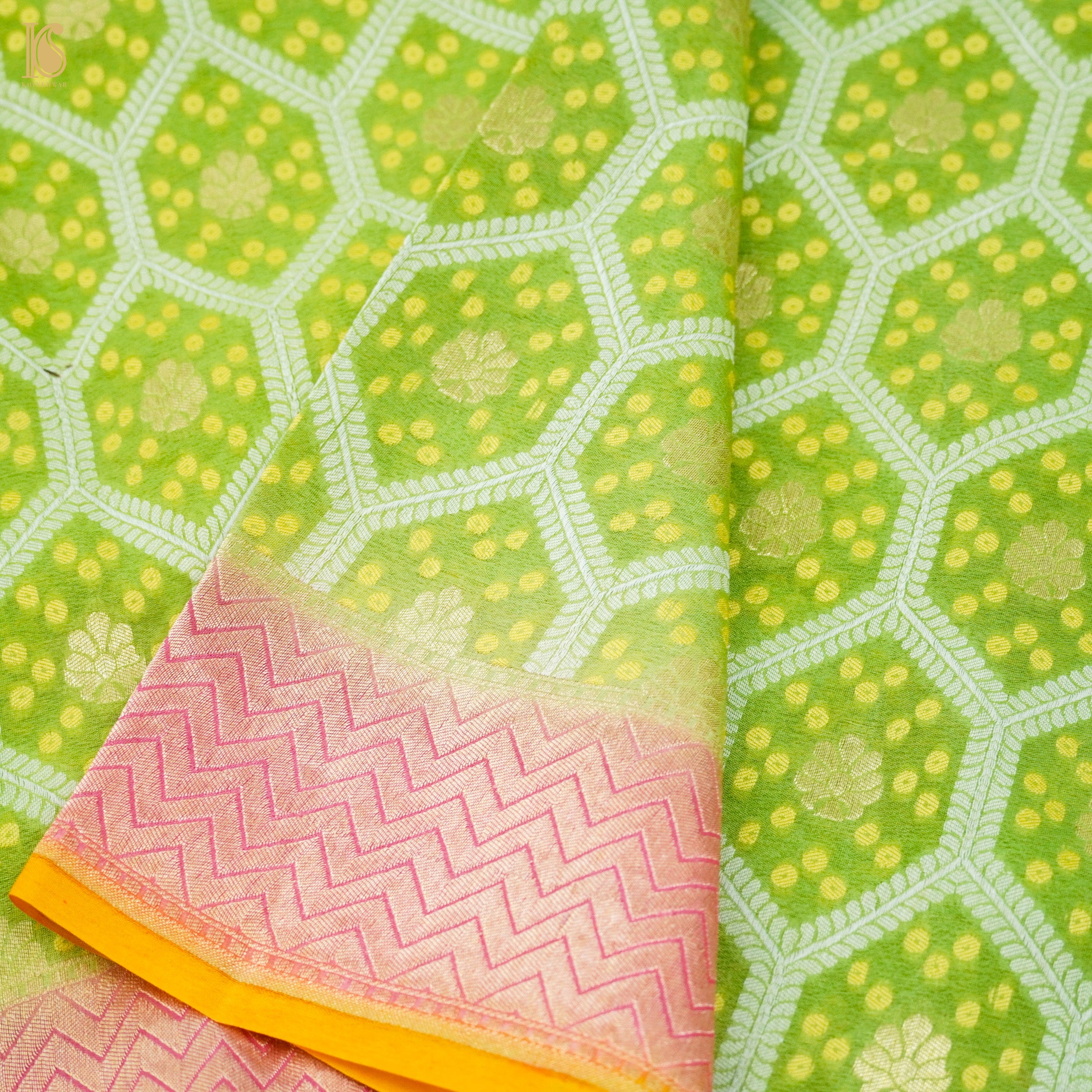 Lima Green Pure Georgette Banarasi Honeycomb Saree - Khinkhwab