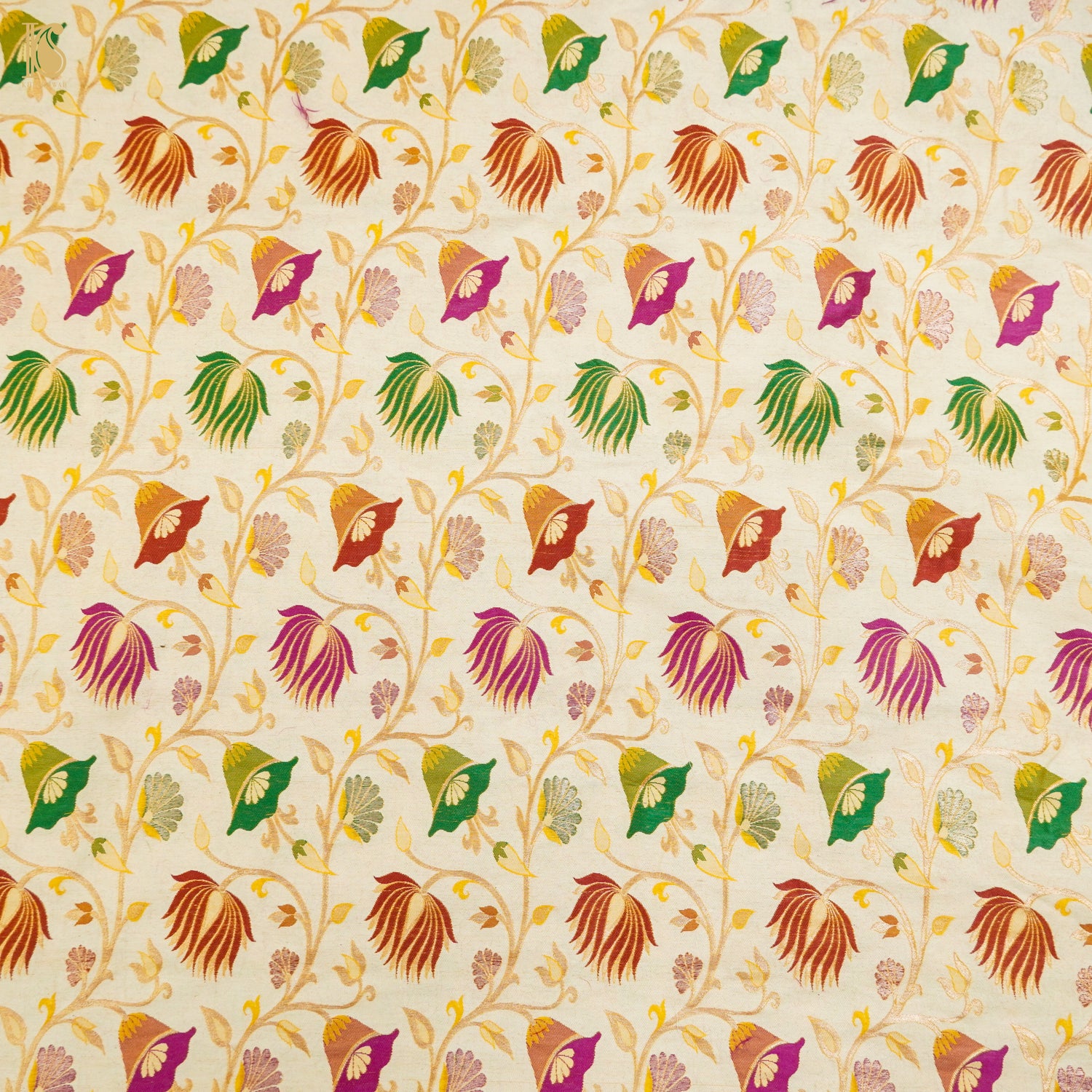 Off White Moonga Silk Handloom Banarasi Meenakari Fabric - Khinkhwab