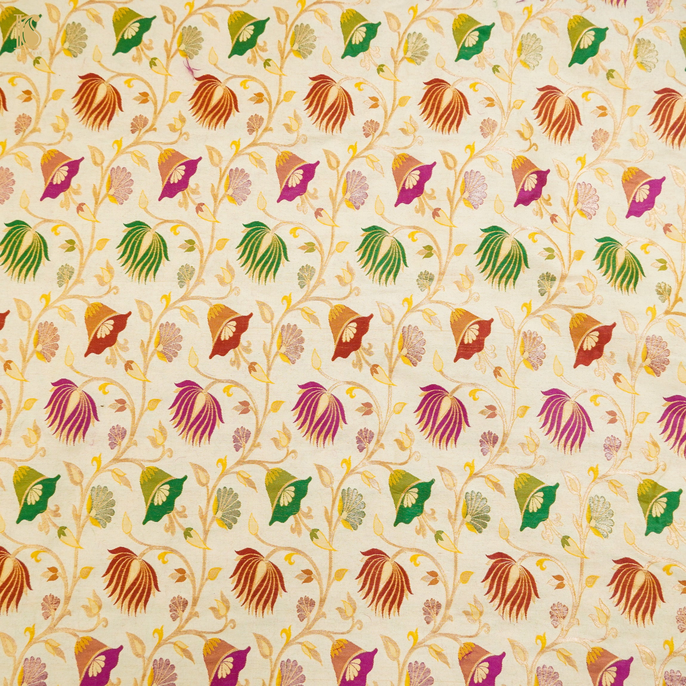 Off White Moonga Silk Handloom Banarasi Meenakari Fabric - Khinkhwab
