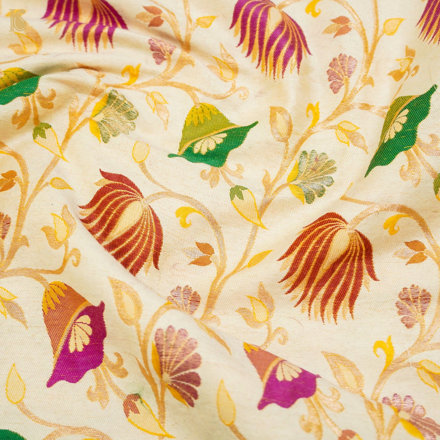 Off White Moonga Silk Handloom Banarasi Meenakari Fabric - Khinkhwab