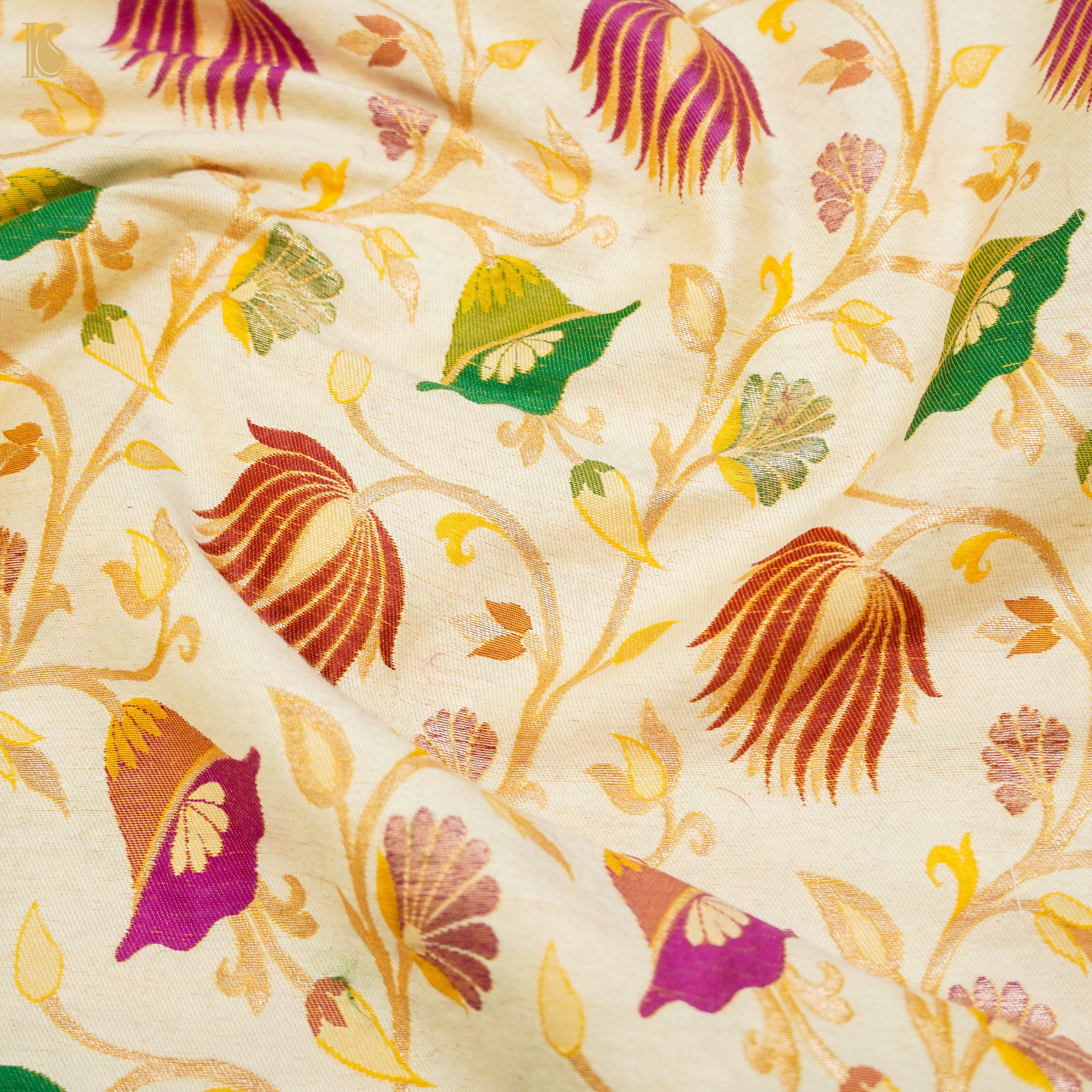 Off White Moonga Silk Handloom Banarasi Meenakari Fabric - Khinkhwab