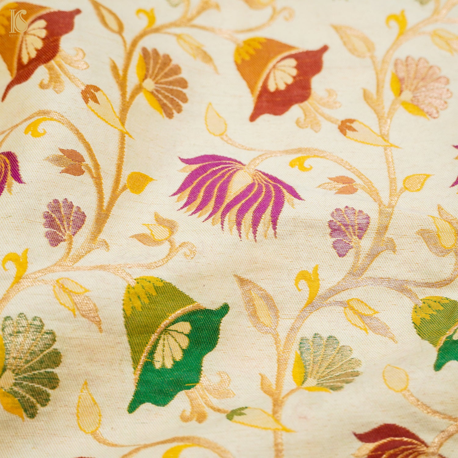 Off White Moonga Silk Handloom Banarasi Meenakari Fabric - Khinkhwab
