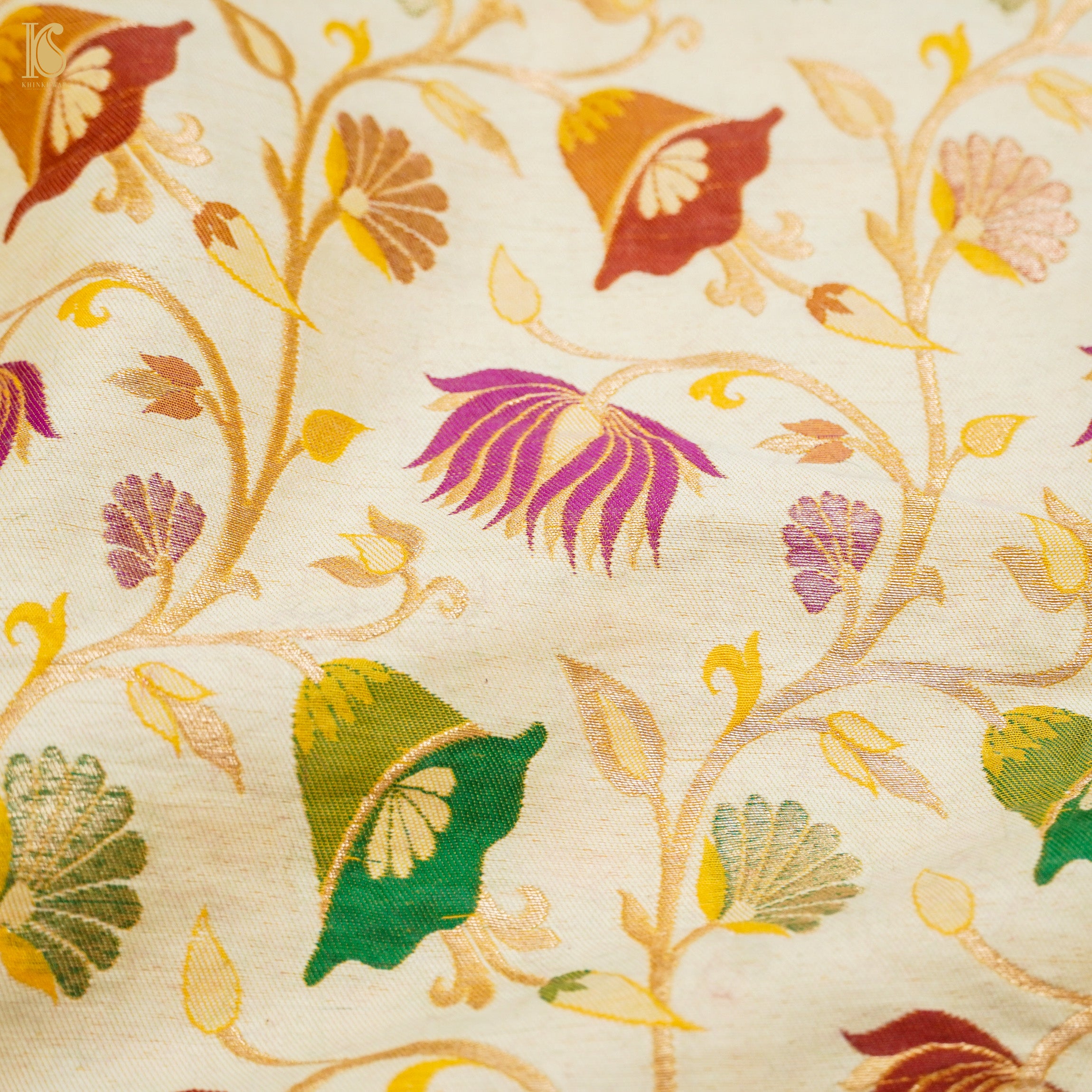 Off White Moonga Silk Handloom Banarasi Meenakari Fabric - Khinkhwab