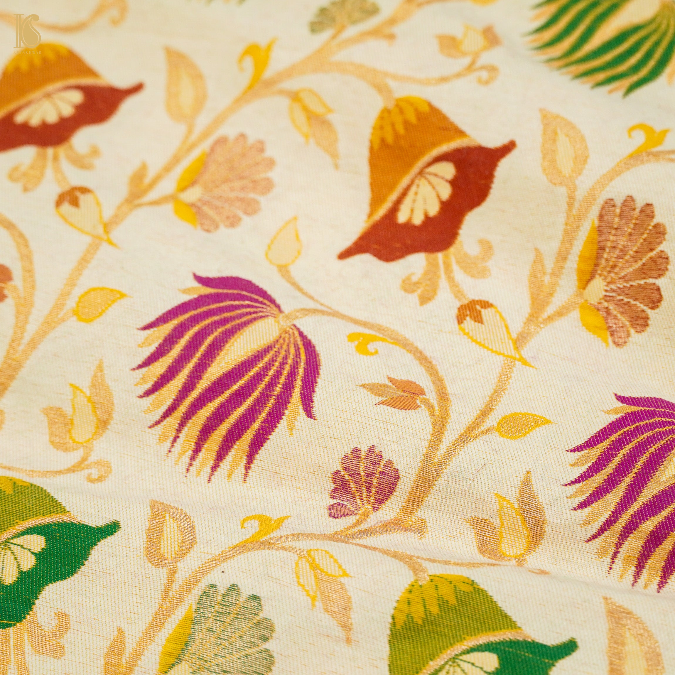Off White Moonga Silk Handloom Banarasi Meenakari Fabric - Khinkhwab