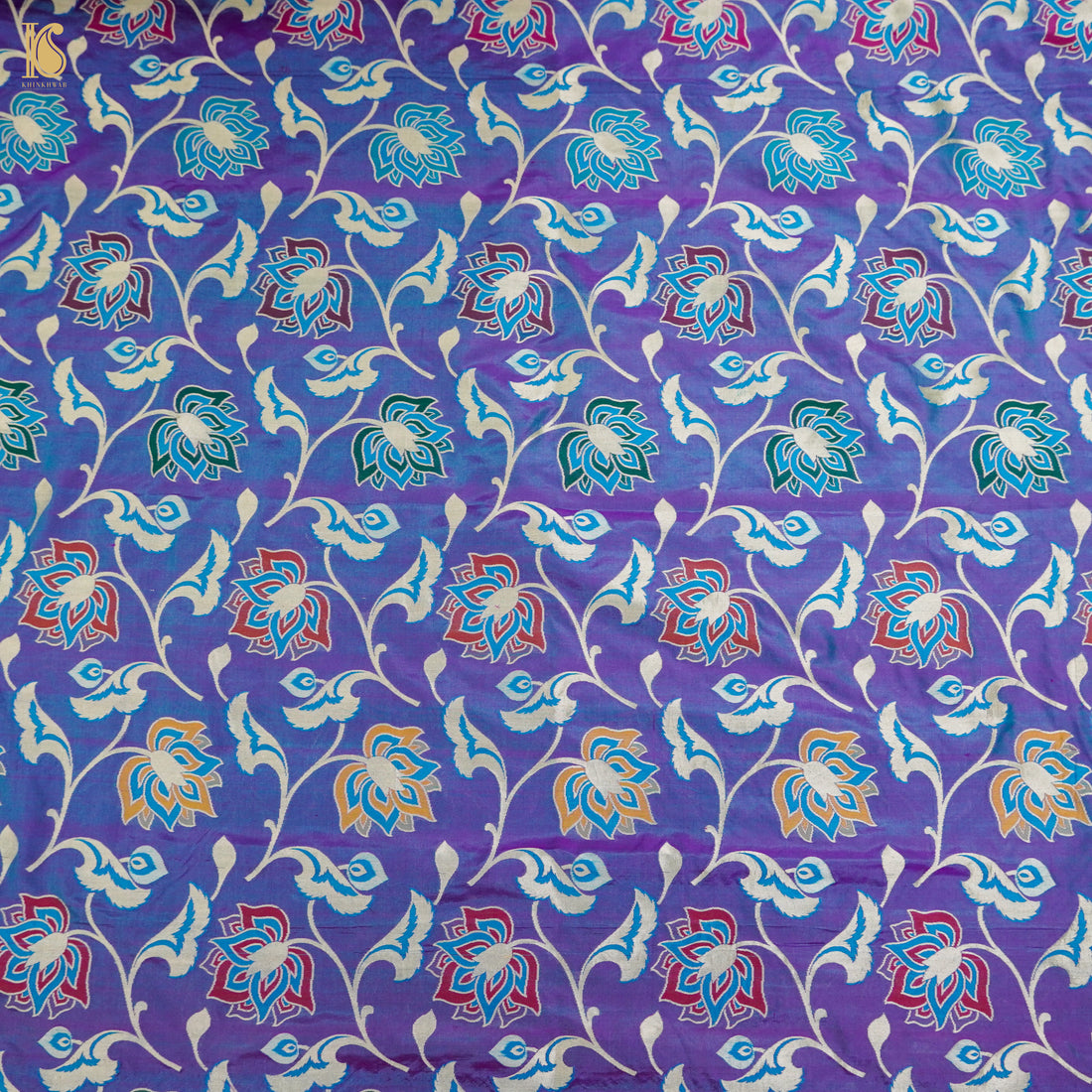Blue Marguerite Pure Katan Silk Banarasi Meenakari Handloom Fabric - Khinkhwab