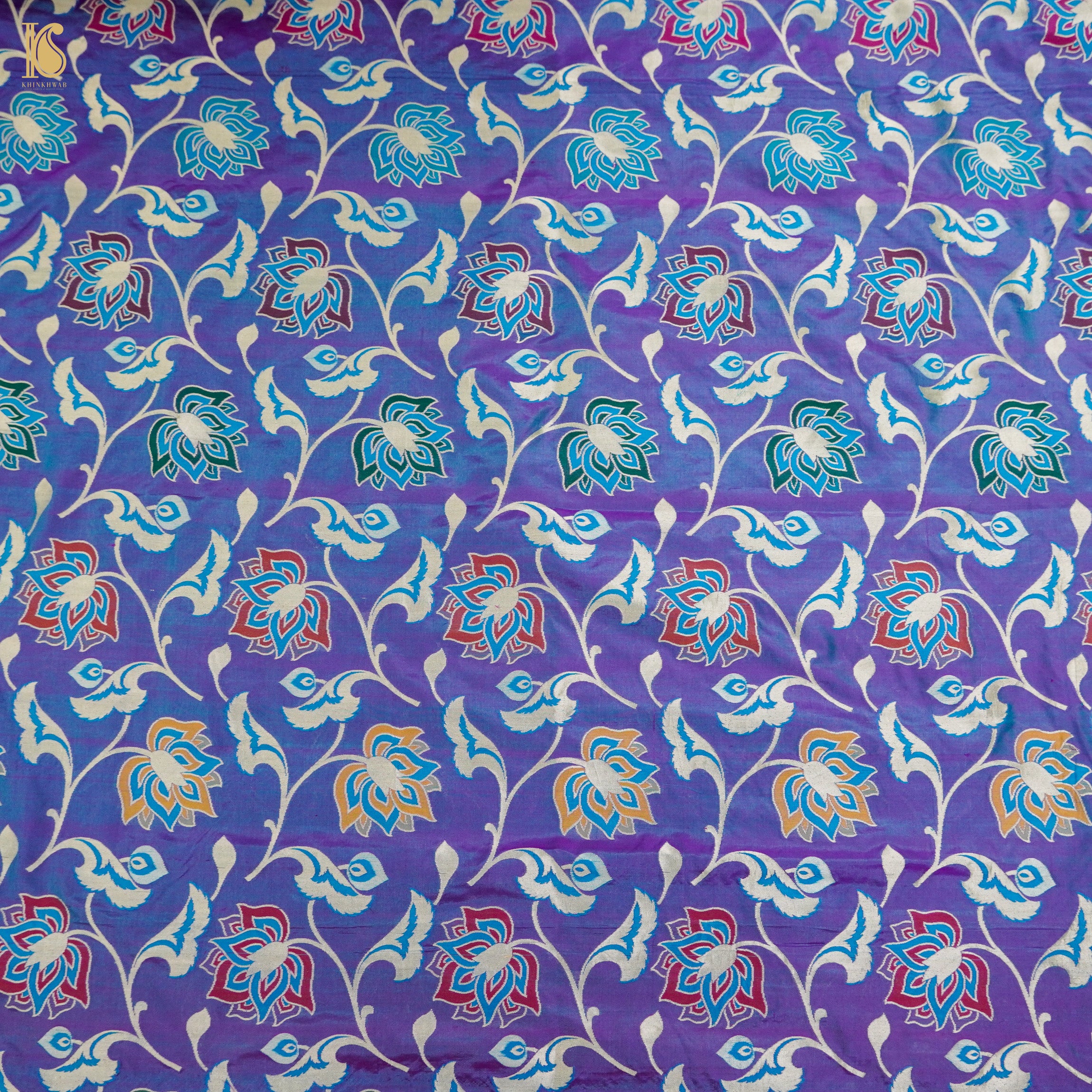 Blue Marguerite Pure Katan Silk Banarasi Meenakari Handloom Fabric - Khinkhwab