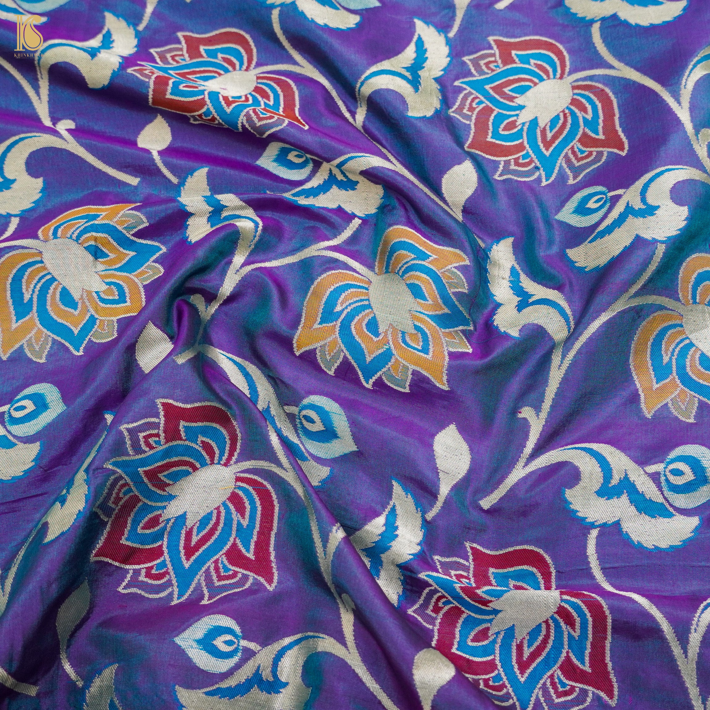 Blue Marguerite Pure Katan Silk Banarasi Meenakari Handloom Fabric - Khinkhwab