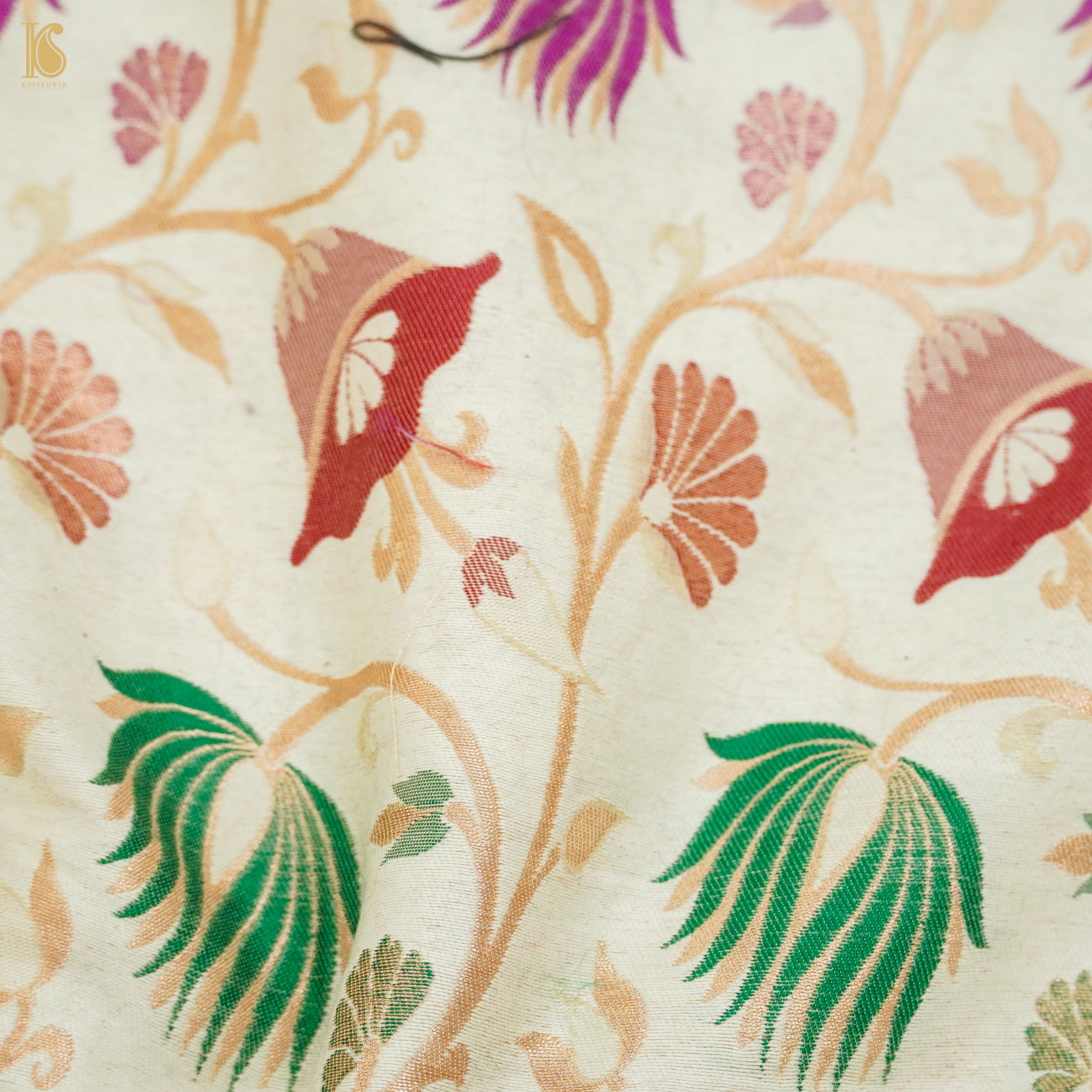 White Moonga Silk Handloom Banarasi Meenakari Fabric - Khinkhwab