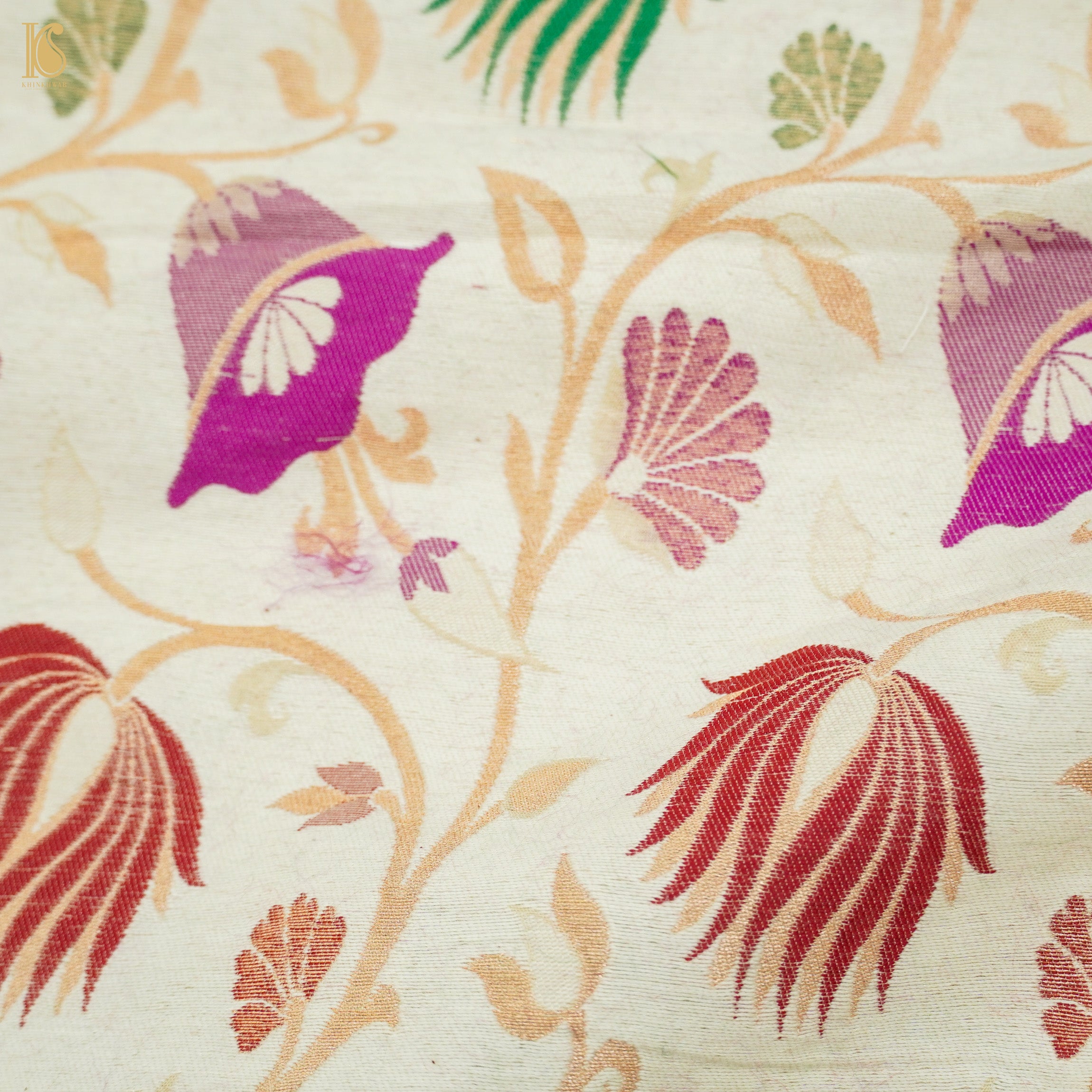 White Moonga Silk Handloom Banarasi Meenakari Fabric - Khinkhwab