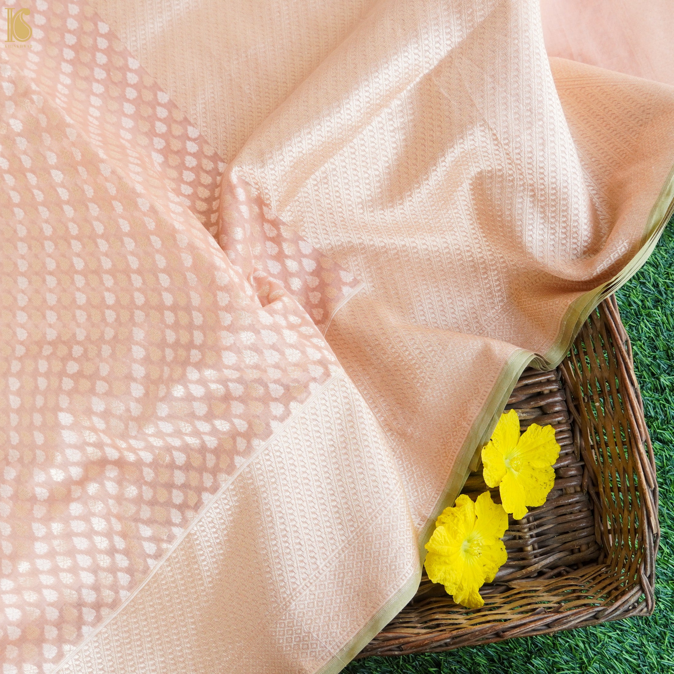 Handloom Pure Cotton Peach Banarasi Saree - Khinkhwab