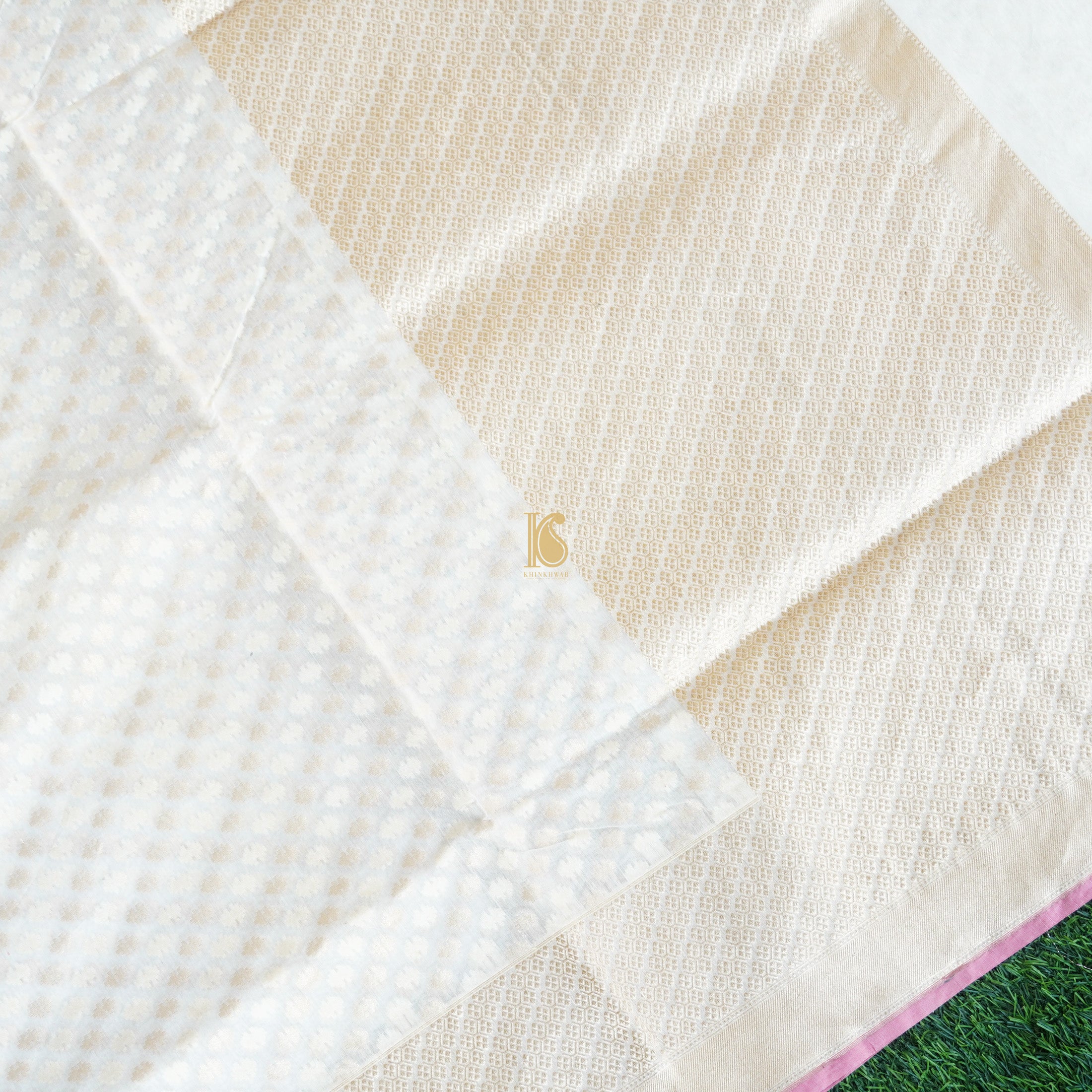 Handloom Pure Cotton Pale White Banarasi Saree - Khinkhwab