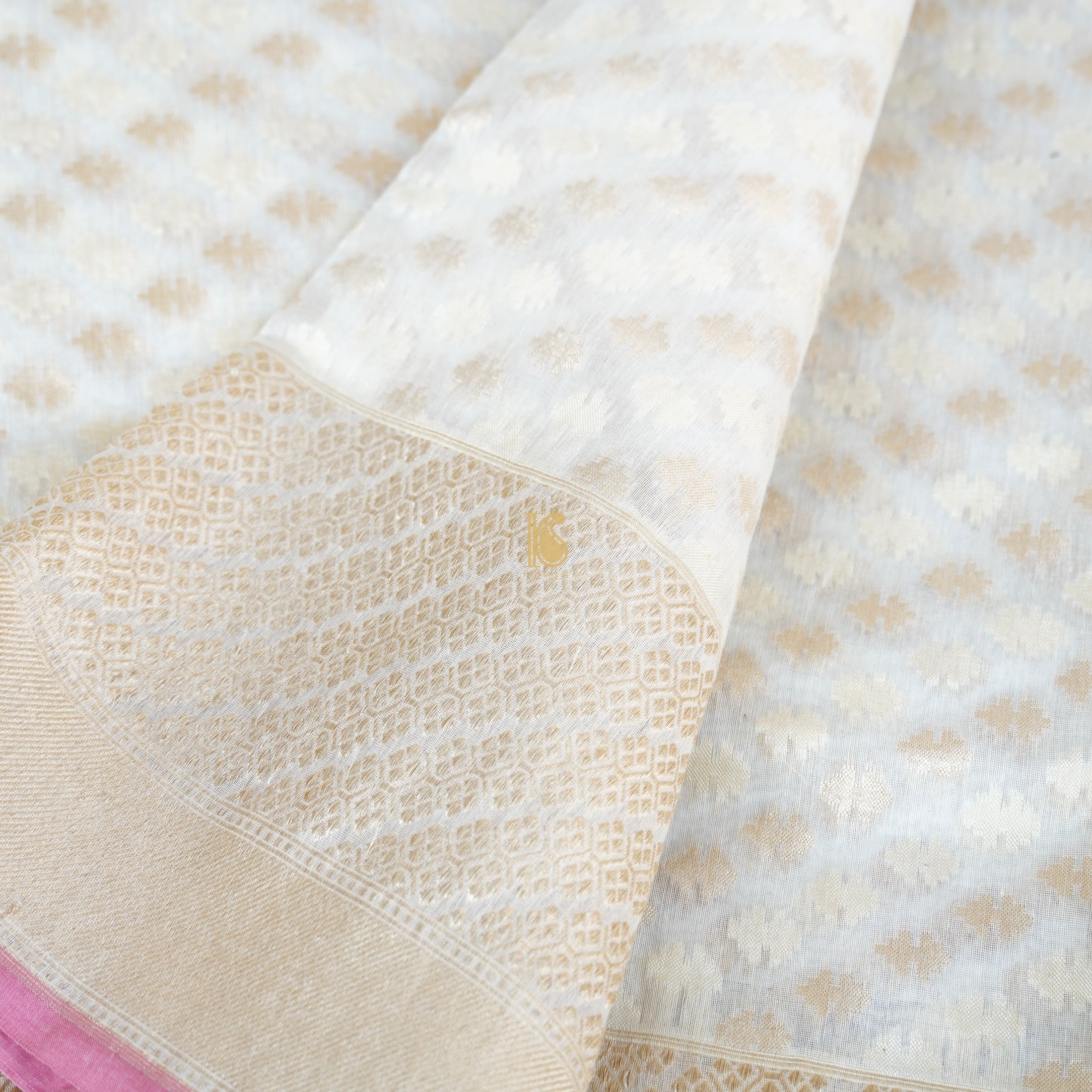 Handloom Pure Cotton Pale White Banarasi Saree - Khinkhwab