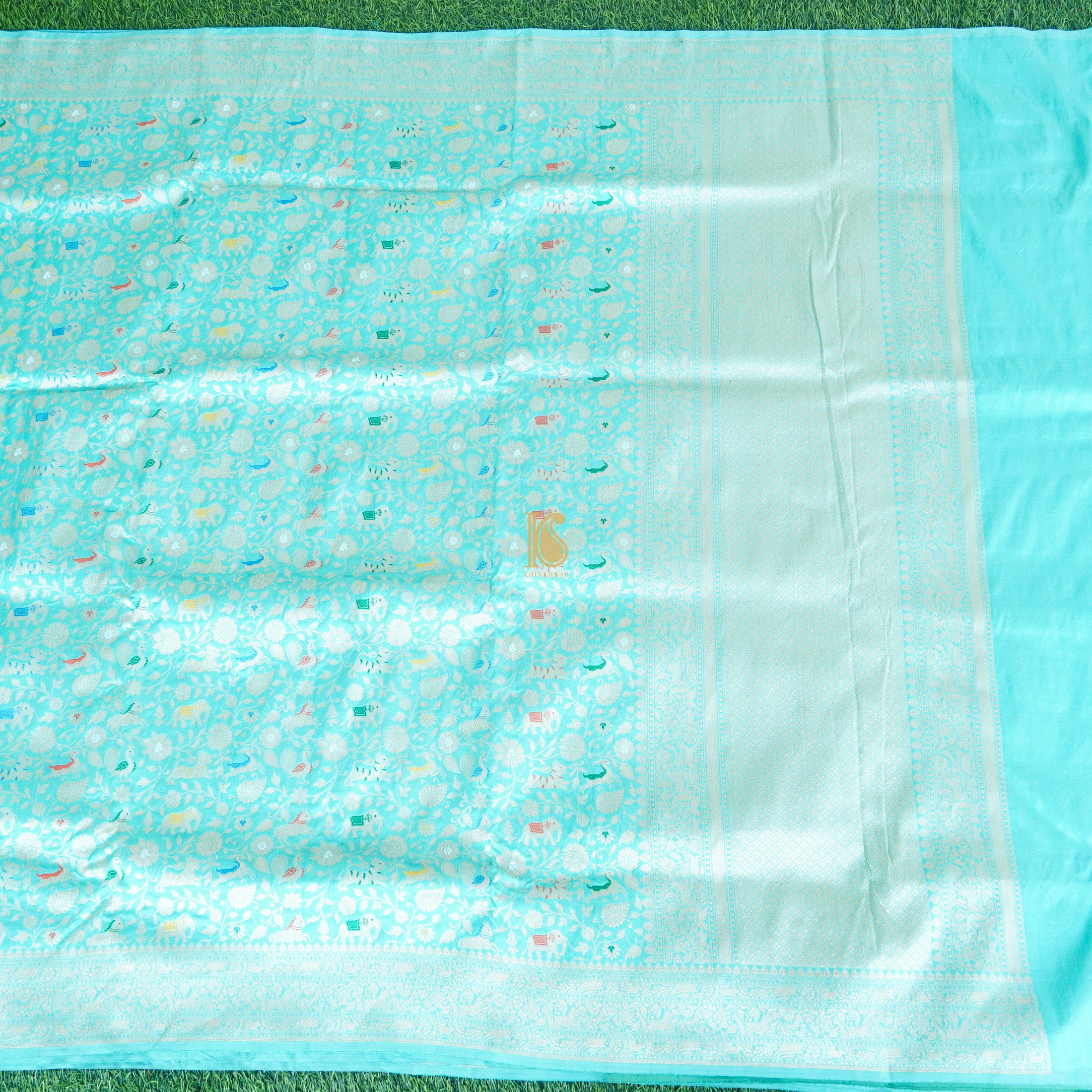 Handloom Katan Silk Turquoise Banarasi Shikargah Saree - Khinkhwab
