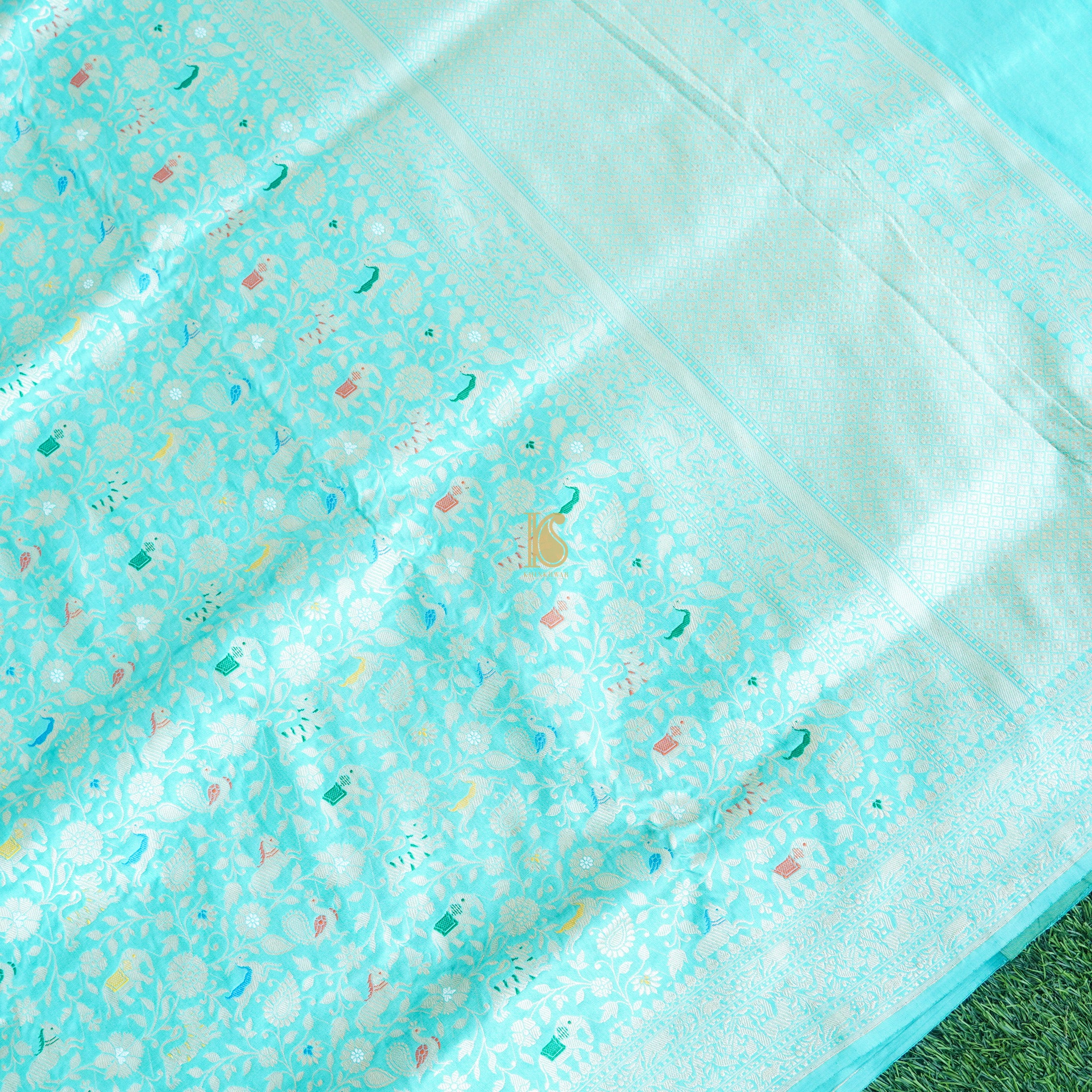 Handloom Katan Silk Turquoise Banarasi Shikargah Saree - Khinkhwab