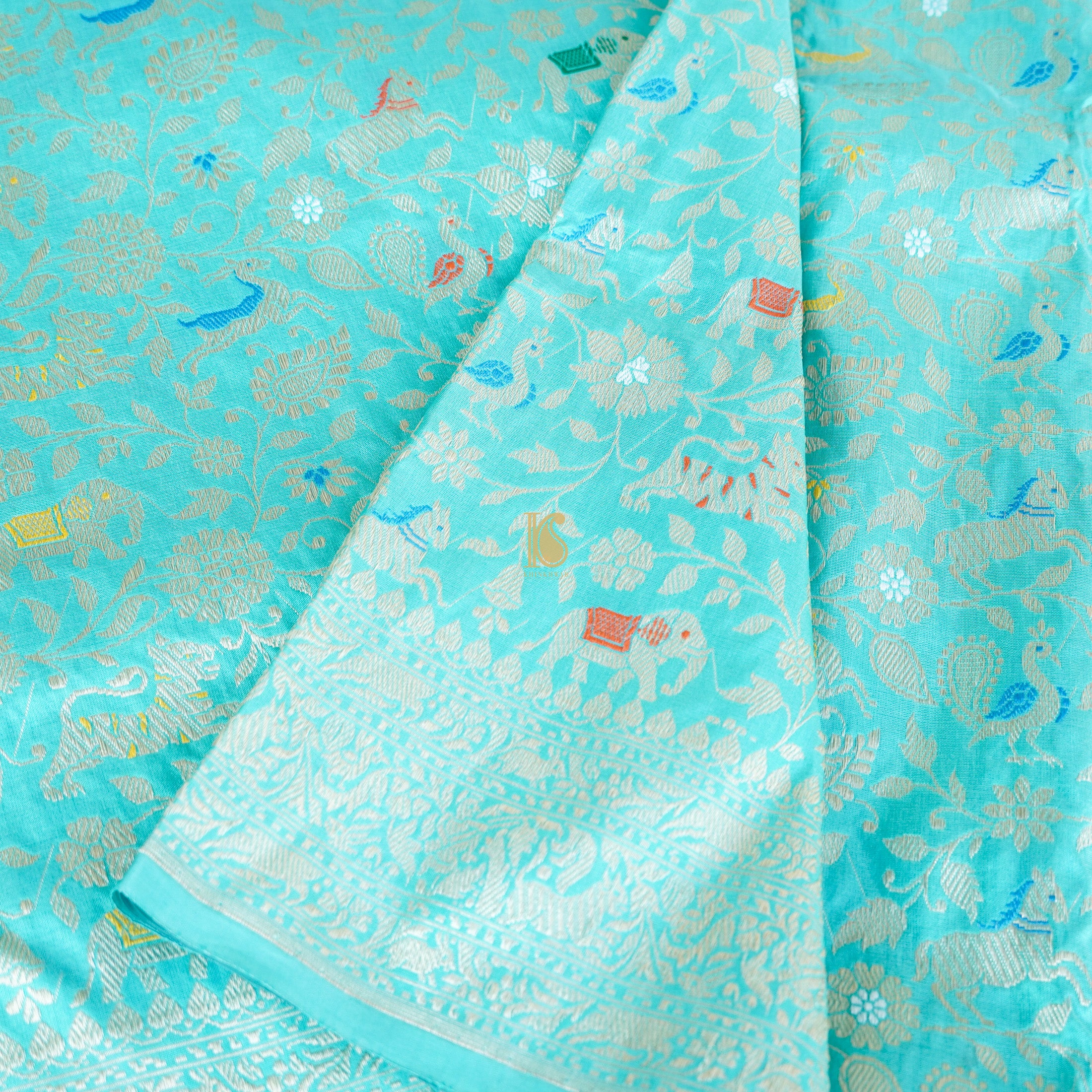 Handloom Katan Silk Turquoise Banarasi Shikargah Saree - Khinkhwab