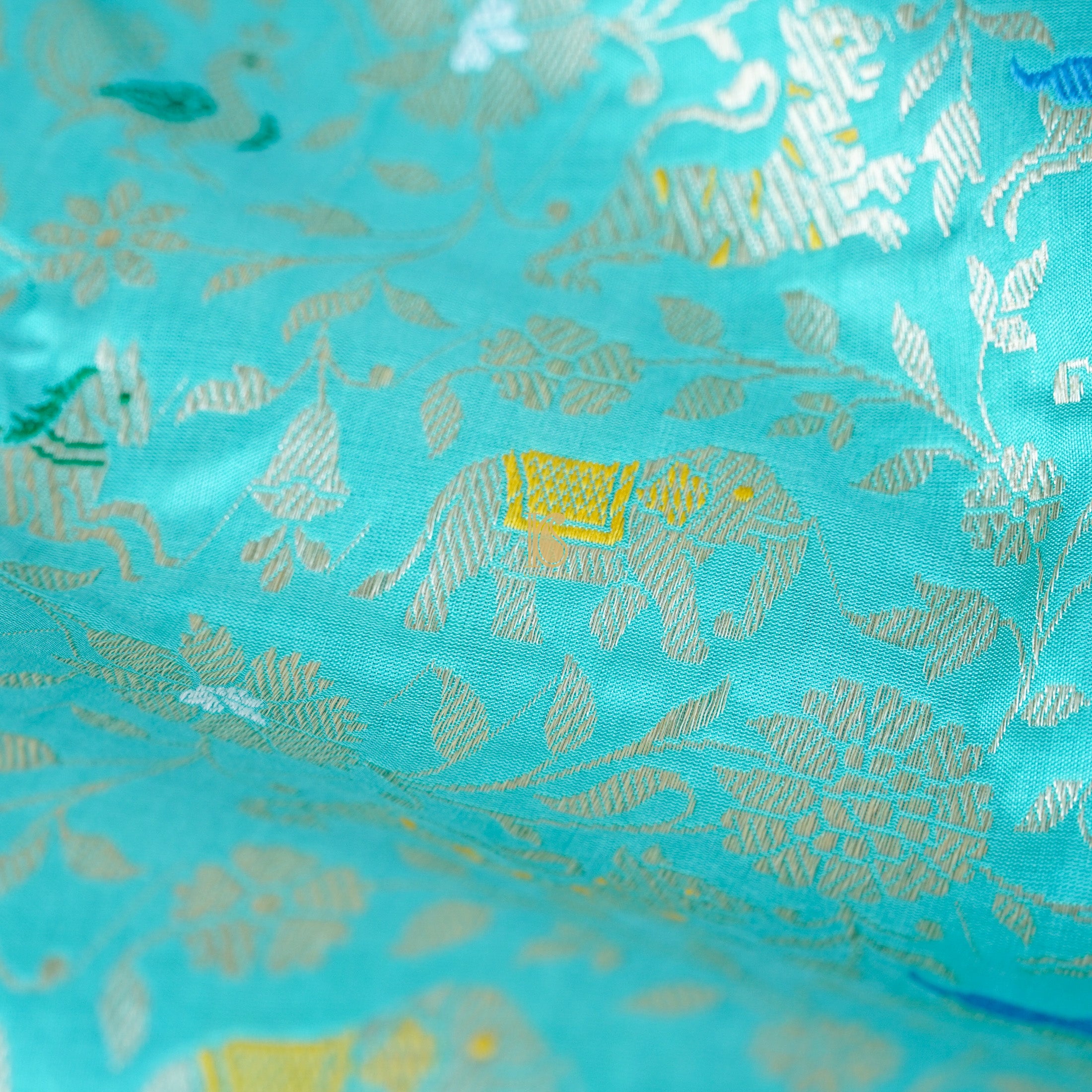 Handloom Katan Silk Turquoise Banarasi Shikargah Saree - Khinkhwab