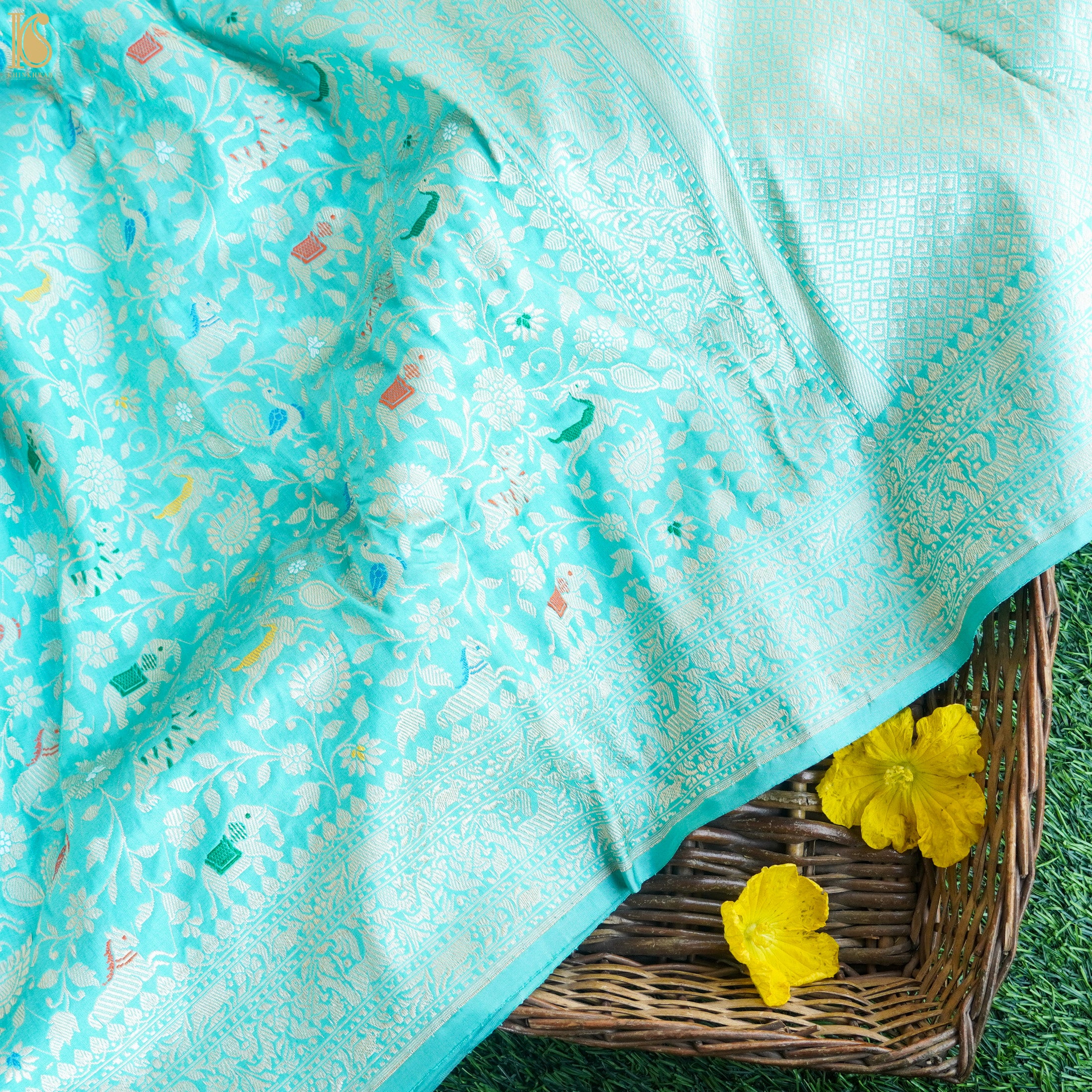 Handloom Katan Silk Turquoise Banarasi Shikargah Saree - Khinkhwab