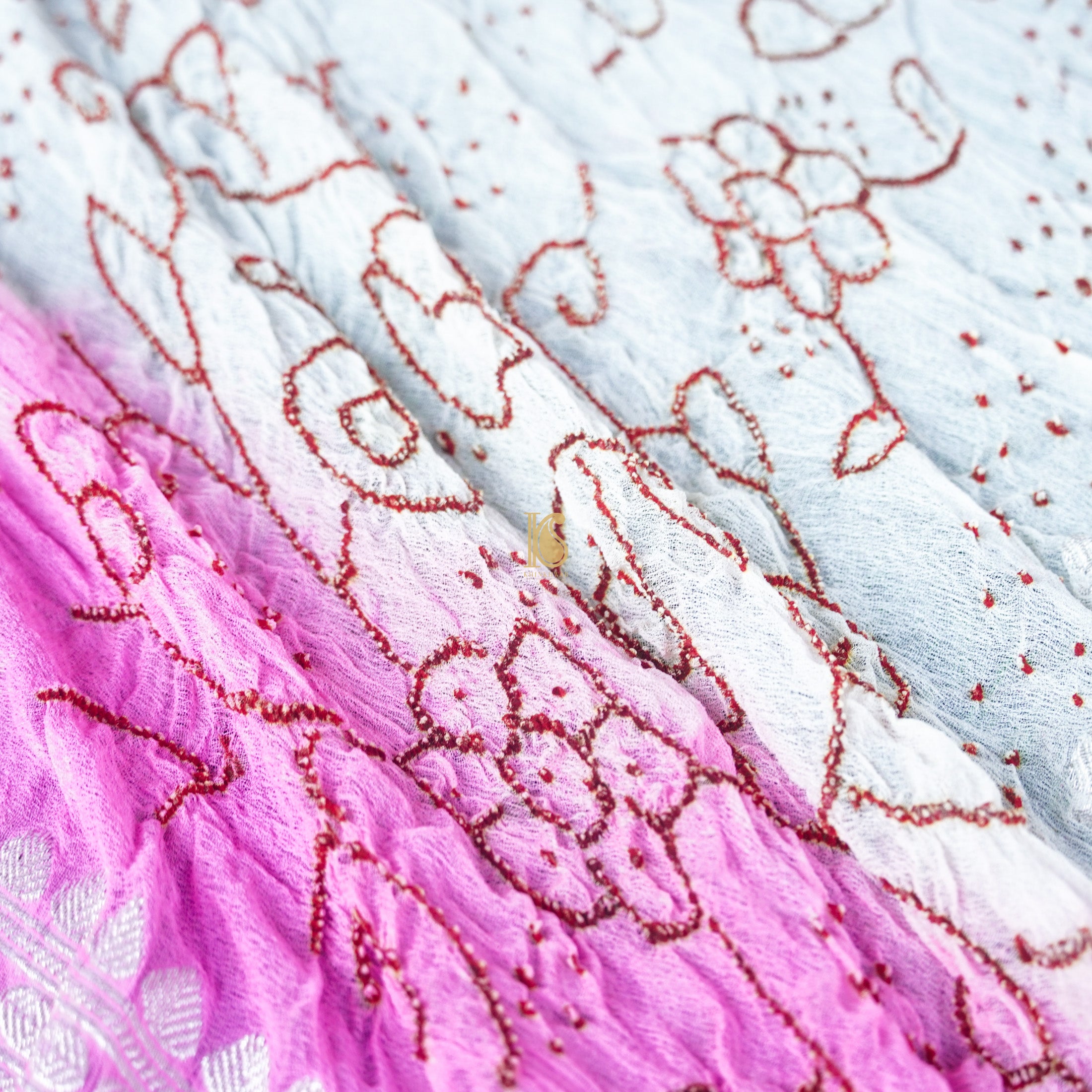 Pink & White Pure Georgette Handloom Banarasi Bandhani Saree - Khinkhwab