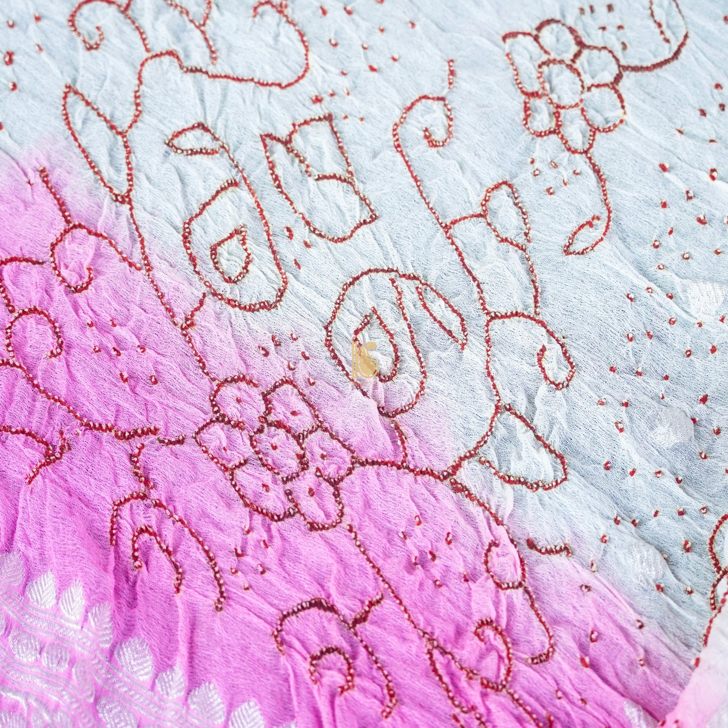 Pink & White Pure Georgette Handloom Banarasi Bandhani Saree - Khinkhwab