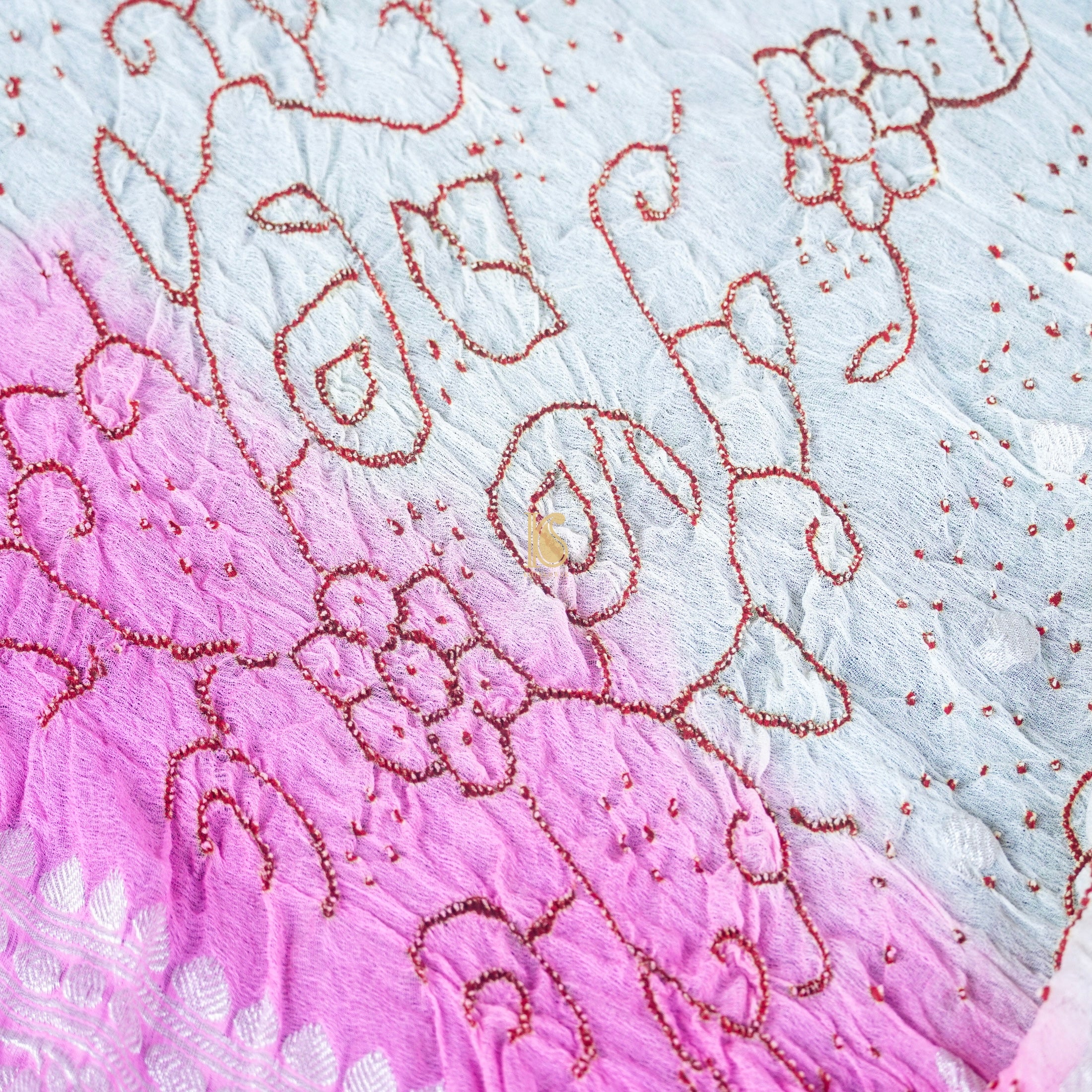 Pink & White Pure Georgette Handloom Banarasi Bandhani Saree - Khinkhwab