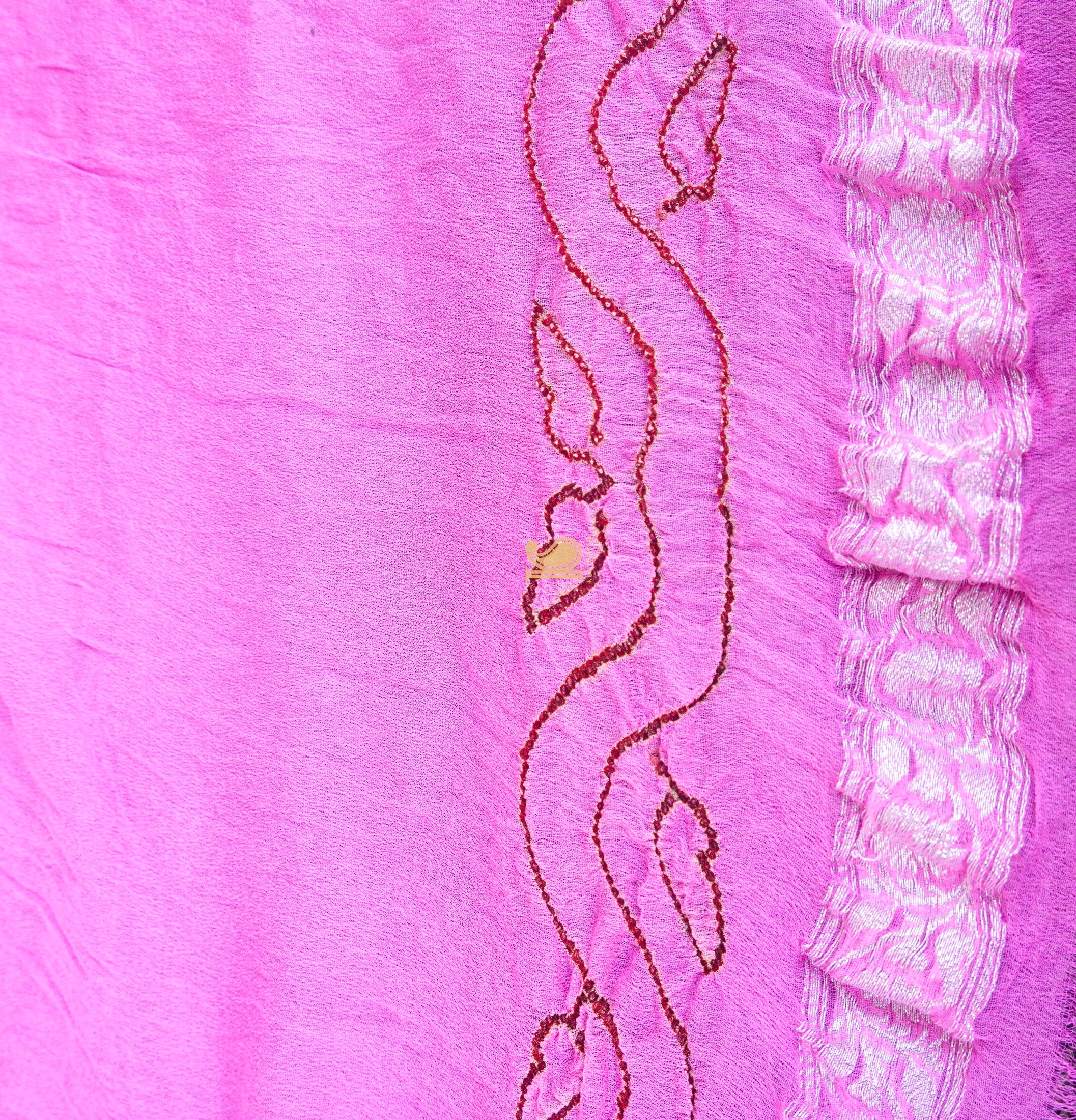 Pink & White Pure Georgette Handloom Banarasi Bandhani Saree - Khinkhwab