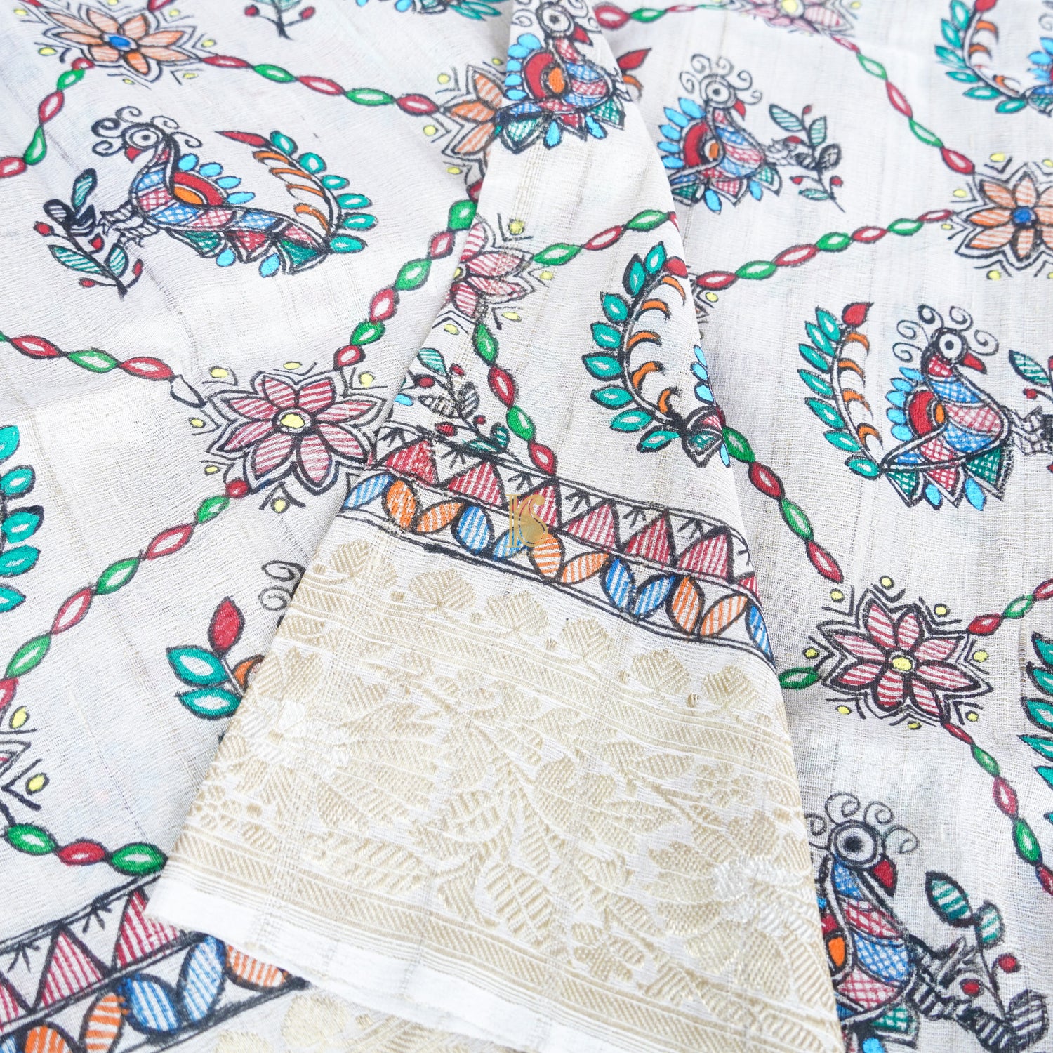 Handloom Pure Tussar Silk Hand Painted Madhubani Peacock Banarasi Dupatta - Khinkhwab