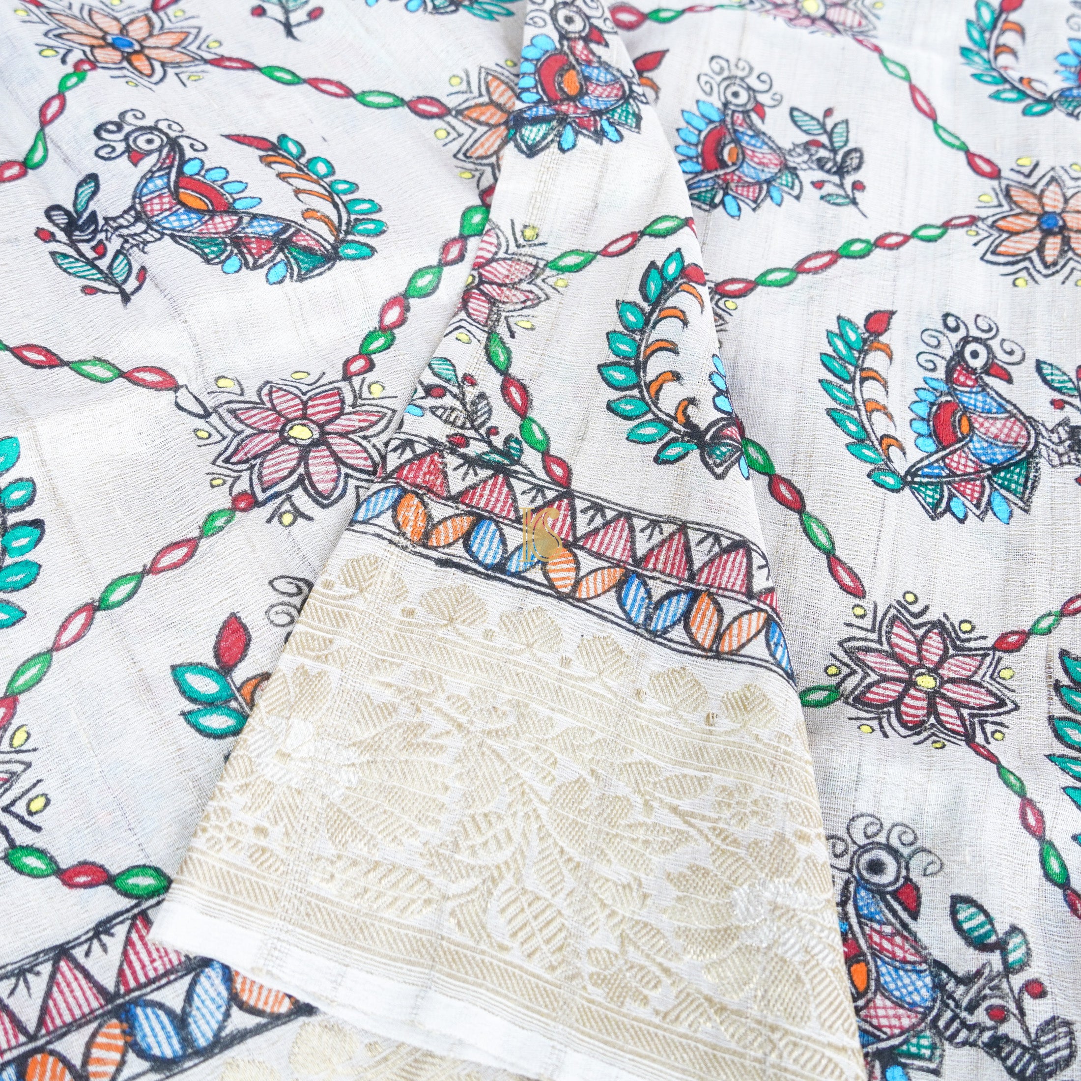 Handloom Pure Tussar Silk Hand Painted Madhubani Peacock Banarasi Dupatta - Khinkhwab