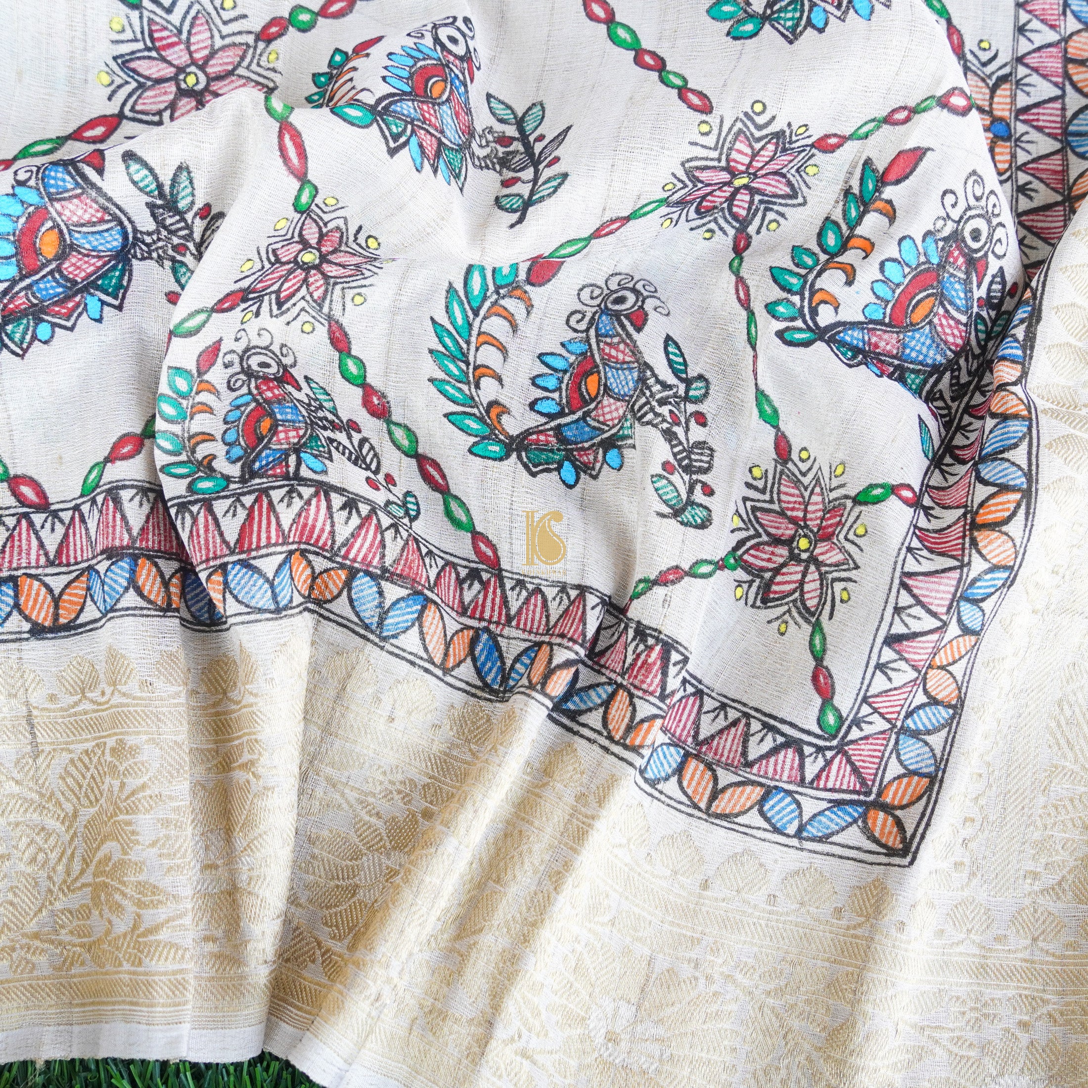 Handloom Pure Tussar Silk Hand Painted Madhubani Peacock Banarasi Dupatta - Khinkhwab