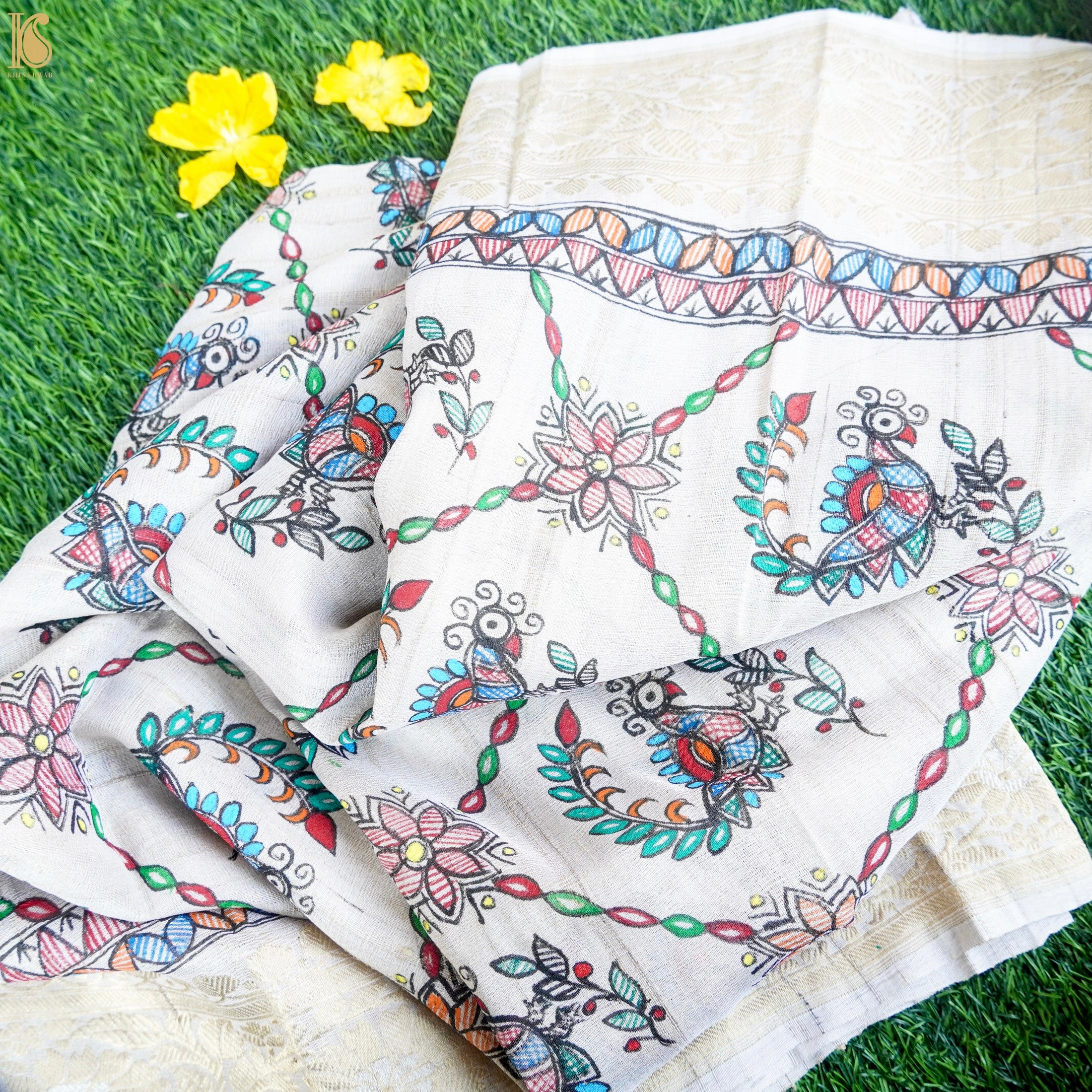 Handloom Pure Tussar Silk Hand Painted Madhubani Peacock Banarasi Dupatta - Khinkhwab