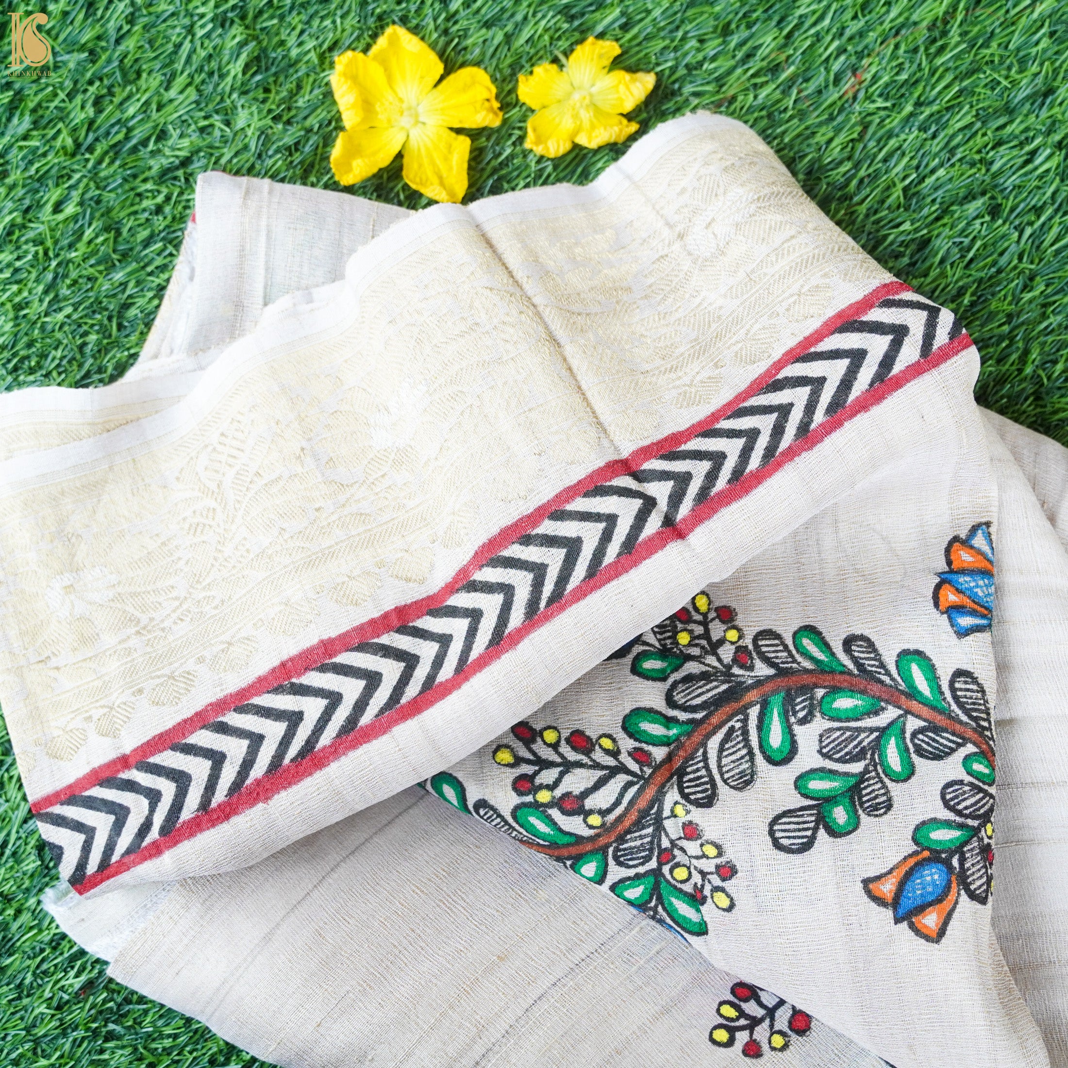 Handloom Pure Tussar Silk Hand Painted Madhubani Banarasi Dupatta - Khinkhwab