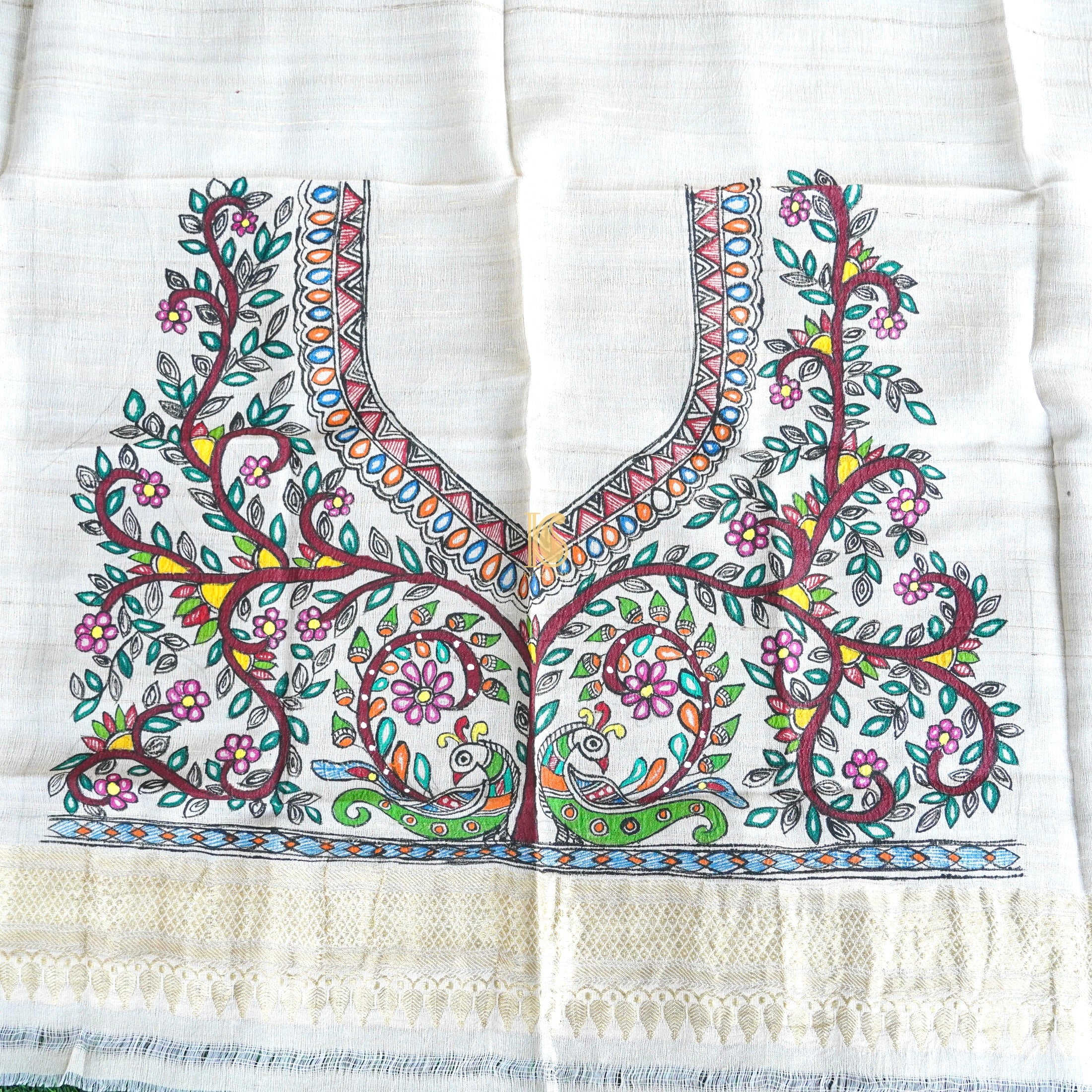 Handloom Pure Tussar Silk Hand Painted Madhubani Banarasi Blouse Piece - Khinkhwab