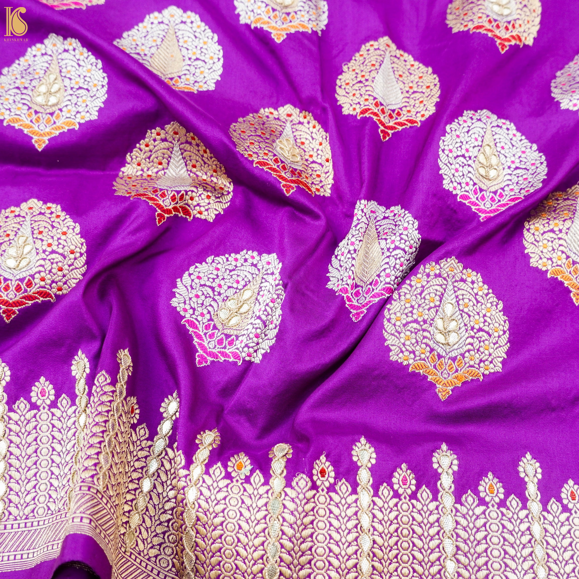 Orchid Purple Handwoven Pure Katan Silk Mor Banarasi Kadwa Embroidery Dupatta - Khinkhwab