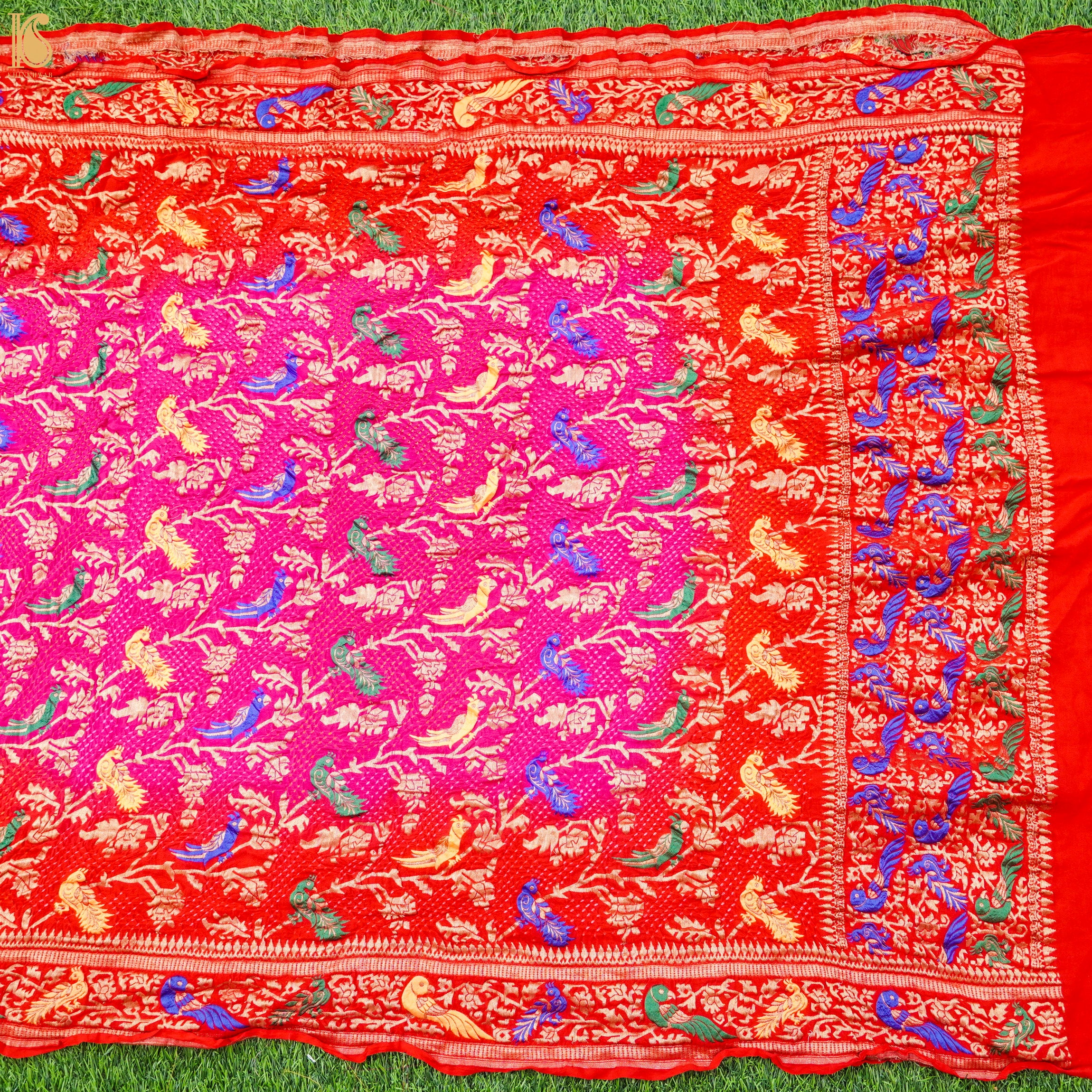 Red & Pink Georgette Bandhani Handloom Banarasi Shikargah Dupatta - Khinkhwab