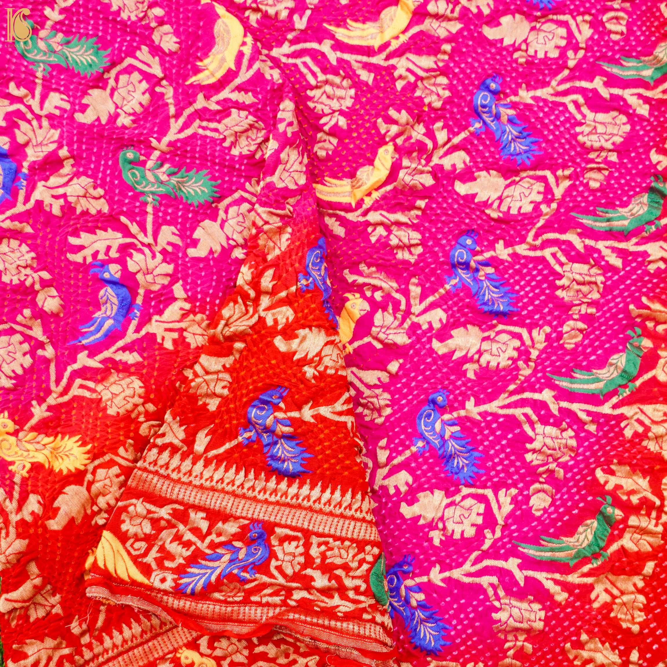 Red & Pink Georgette Bandhani Handloom Banarasi Shikargah Dupatta - Khinkhwab