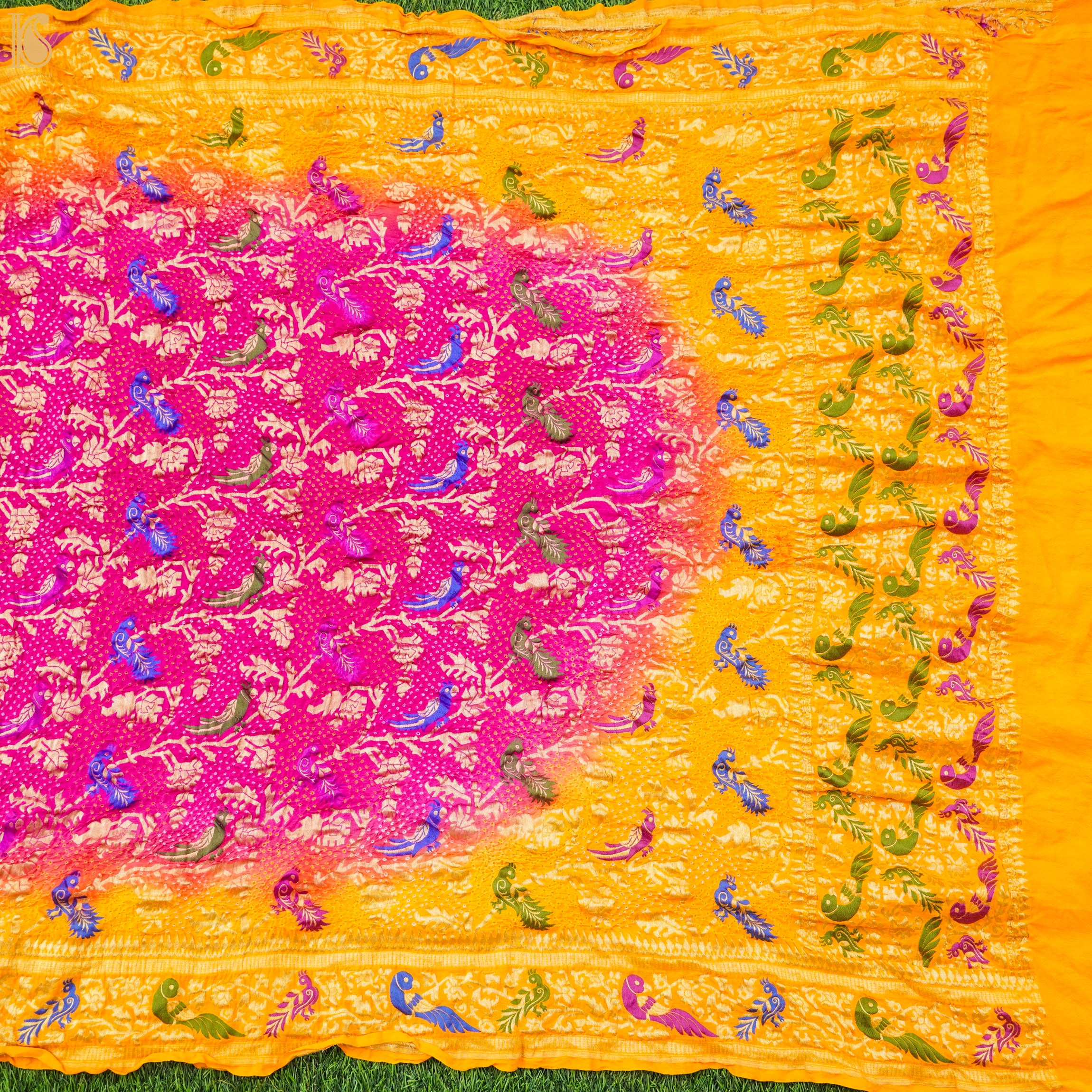 Yellow & Pink Georgette Bandhani Handloom Banarasi Shikargah Dupatta - Khinkhwab