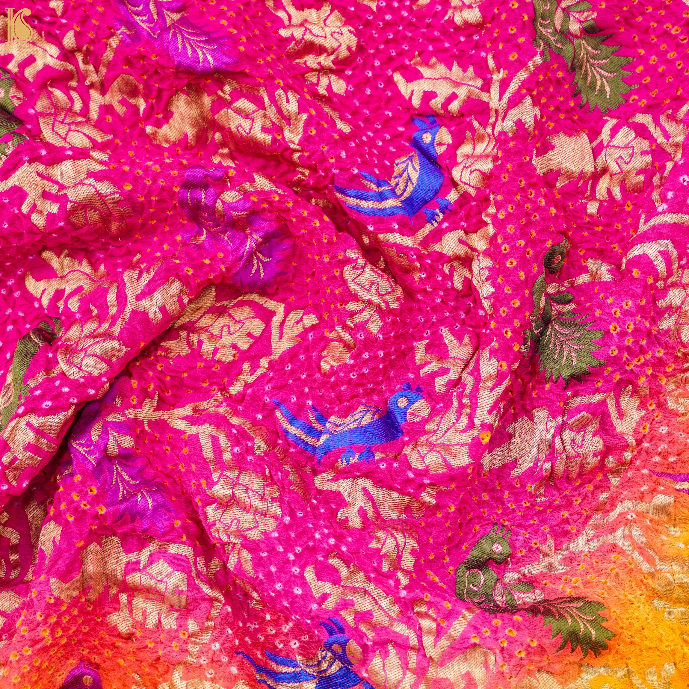 Yellow & Pink Georgette Bandhani Handloom Banarasi Shikargah Dupatta - Khinkhwab